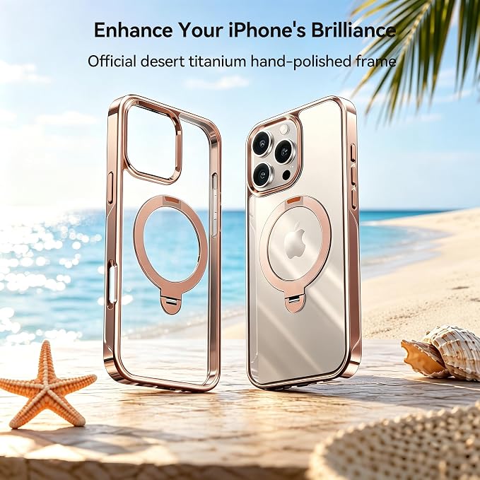 Glossy Gold iPhone 16 Pro Max Case with 360 Spin Magnetic Stand