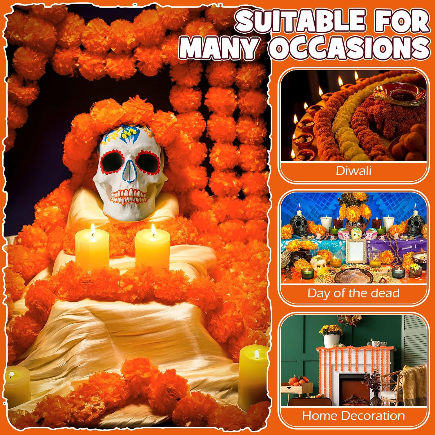 5 Pcs 5 Ft Marigold Garland Diwali Decoration Day Of The Dead Artificial Marigold Flowers Garland For Wedding Dia De Los Muertos Wedding Decoration(Orange)