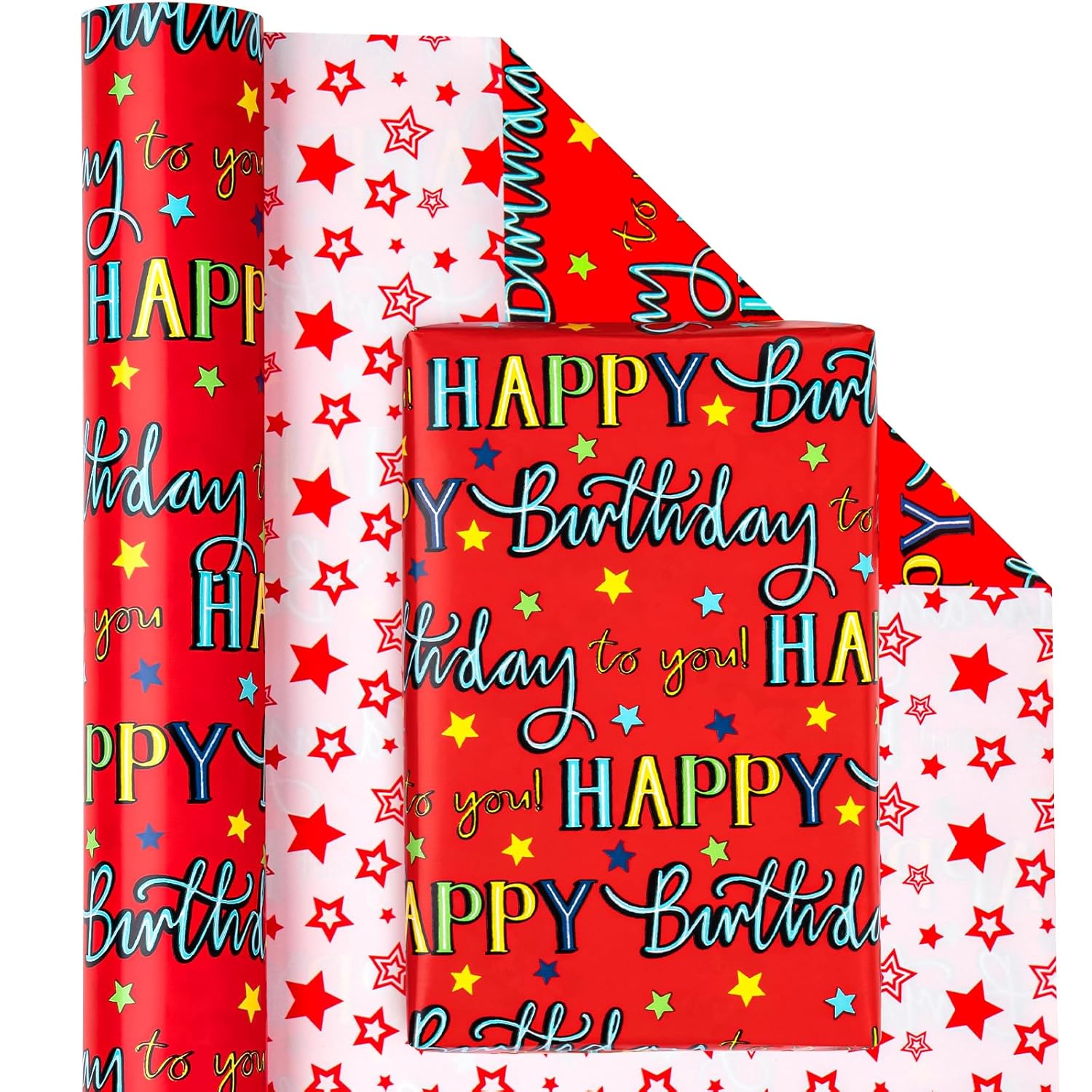 Reversible Birthday Wrapping Paper - Mini Roll - 17 Inch X 33 Feet - Red Happy Birthday To You Lettering Design For Girls Boys Kids, Baby Shower, Holiday, Party