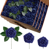 100 Pieces Artificial Foam Rose Flowers Faux Bouquet With Leaves And Stems For Diy Wedding Bouquets Centerpieces Bridal Shower Party Valentine Home Decorations(Navy Blue)