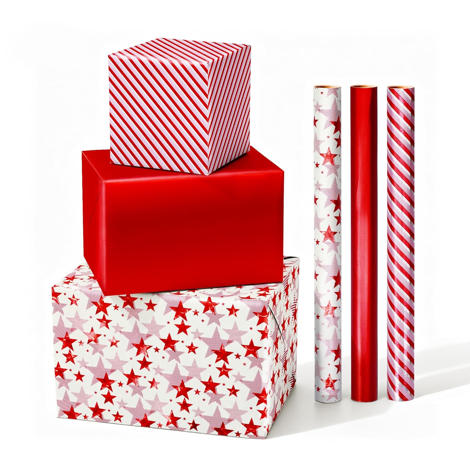 Red Star Stripe Foil Gift Wrapping Paper Roll For Women Valentine'S Day Wedding Birthday Christmas Anniversaries, 3 Mini Rolls, 17 Inch X 9.8 Feet Per Roll