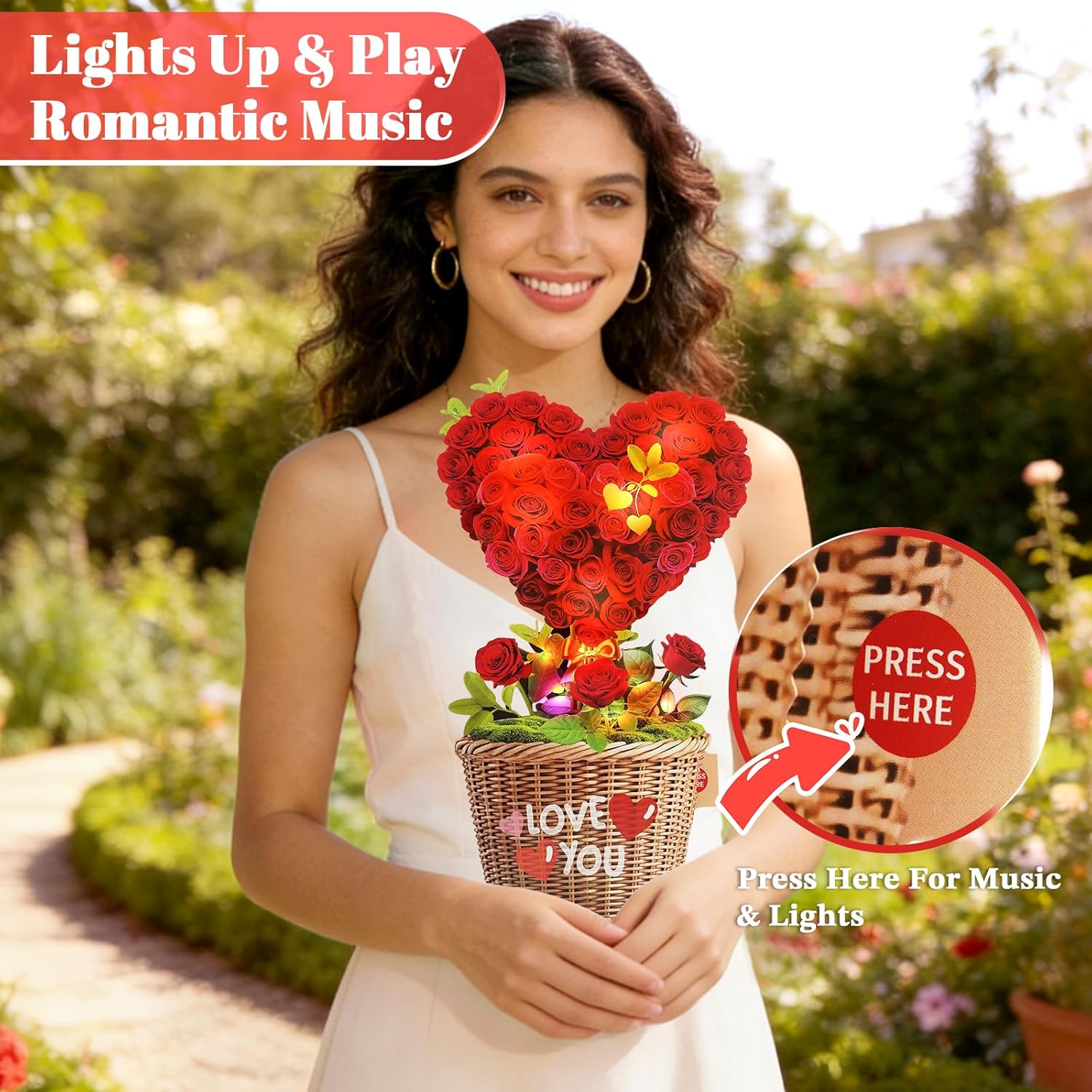 Valentines Day Cards With Music & Lights, 3D Pop Up Love Tree Hearts Birthday Card & Anniversary Card, 10 Inch Life Sized Forever Bouquet Wedding Valentines Gifts For Her Women Wife Mom