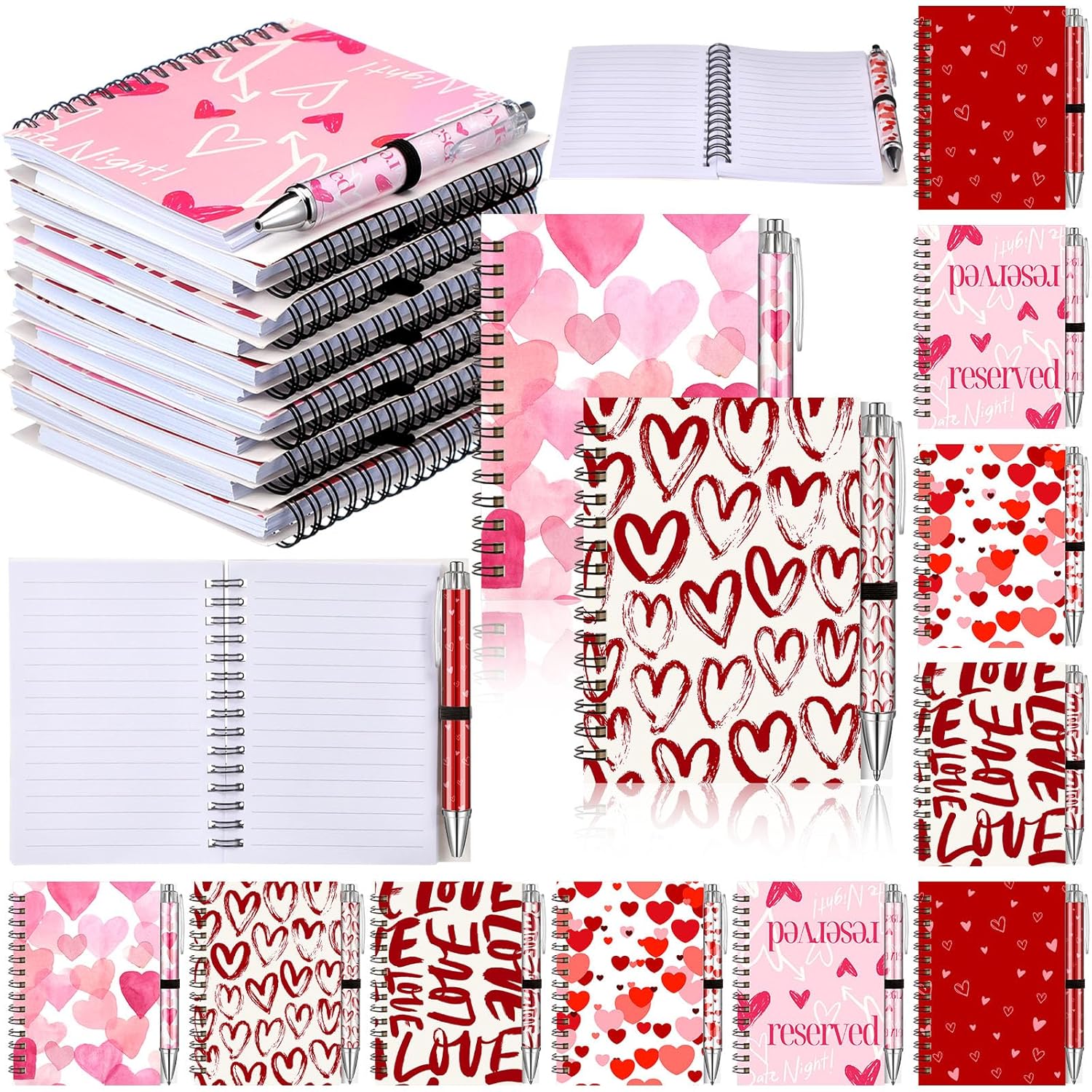 12 Sets Valentine'S Day Heart Notebook Bulk Valentine'S Day Gifts 5.5 X 4.3'' Valentines Pink Spiral Notebook Ballpoint Pens For Family Girls Friends Party Lover