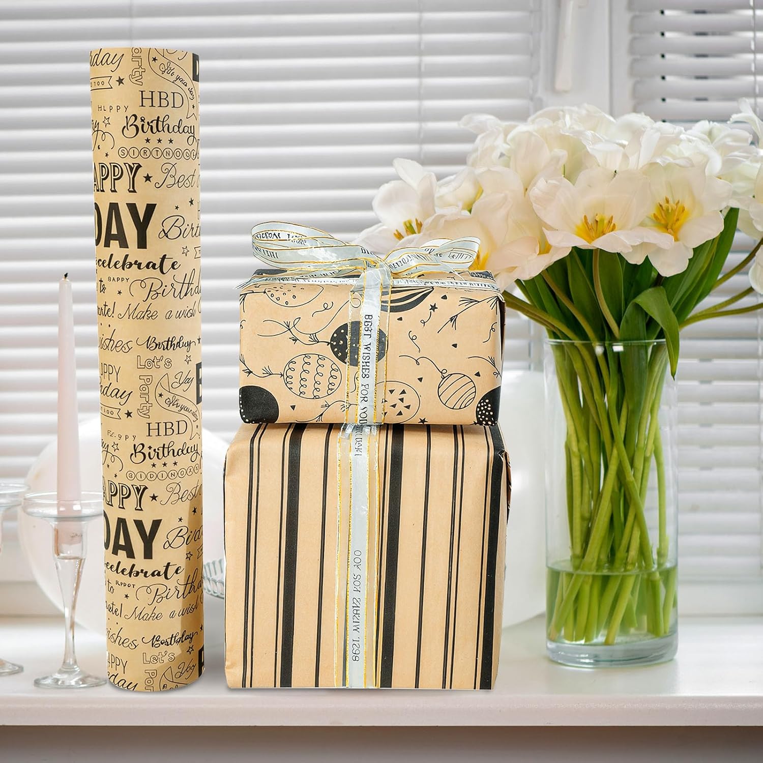 Birthday Wrapping Paper, 3 Rolls Kraft Wrapping Paper With Happy Birthday Font, Stripes, Balloons Pattern Assortment ?17 Inch X 120 Inch (10 Feet) Per Roll