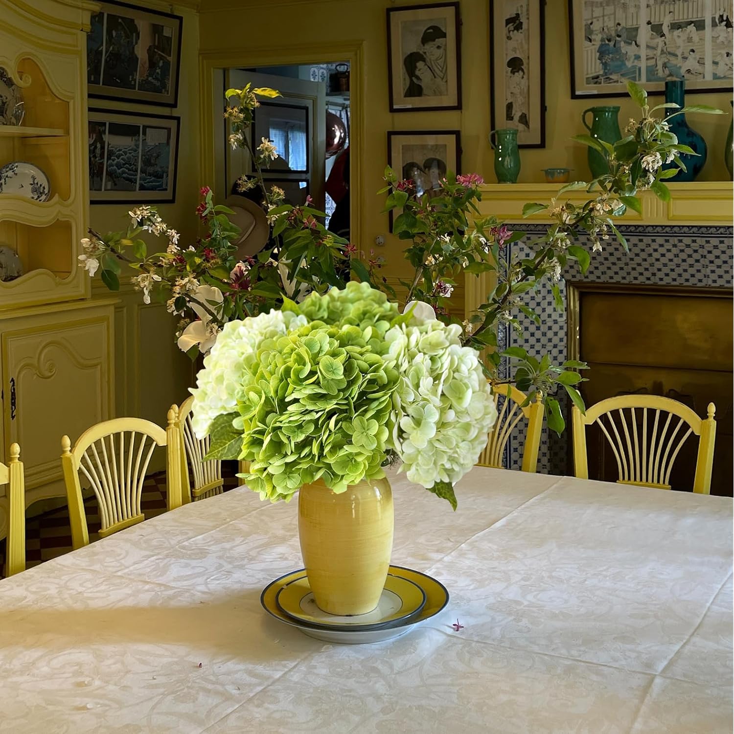 Hydrangea Artificial Flower Natural Lifelike Real 21 Inch Latex Long Stem 2 Light Green+2 Dark Green Hydrangea Flower Bouquets For Home Party Outdoor Wedding Table Centerpiec Decor