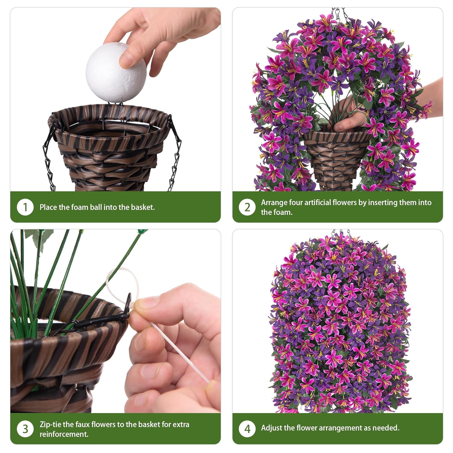 Artificial Flowers Plants For Outdoor With Basket, 4Pcs Silk Hanging Faux Flowers Long Trailing Vines For Outside Home Porch Patio Decoration, Fuchsia & Purple