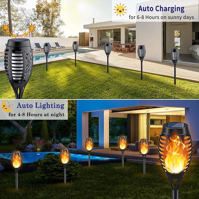 12 Pack Solar Torch Lights Flickering Flame Waterproof Outdoor Garden Pathway Lights