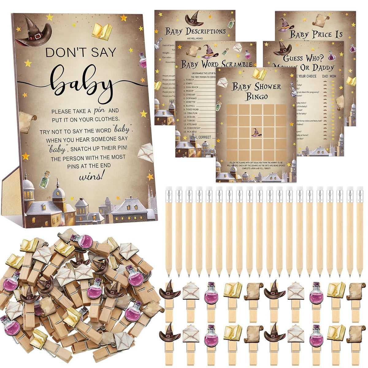 321 Pcs Baby Shower Games Supplies, 5 Sets (50 Cards Each) Activities Cards With 20 Pencils 1 Don'T Say Baby Sign 50 Clothespin (Magical Wizard)