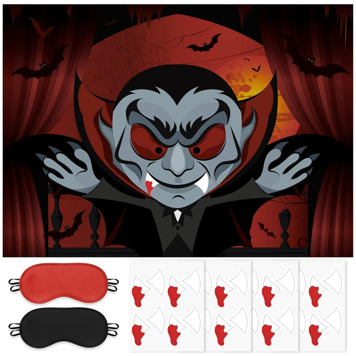 Pin The Fangs On The Vampire Halloween Party Games Poster With 24 Stickers Entertaining Activity Holiday Carnival Celebrations Birthday Party Decorations Supplies Haunted House Wall Decor
