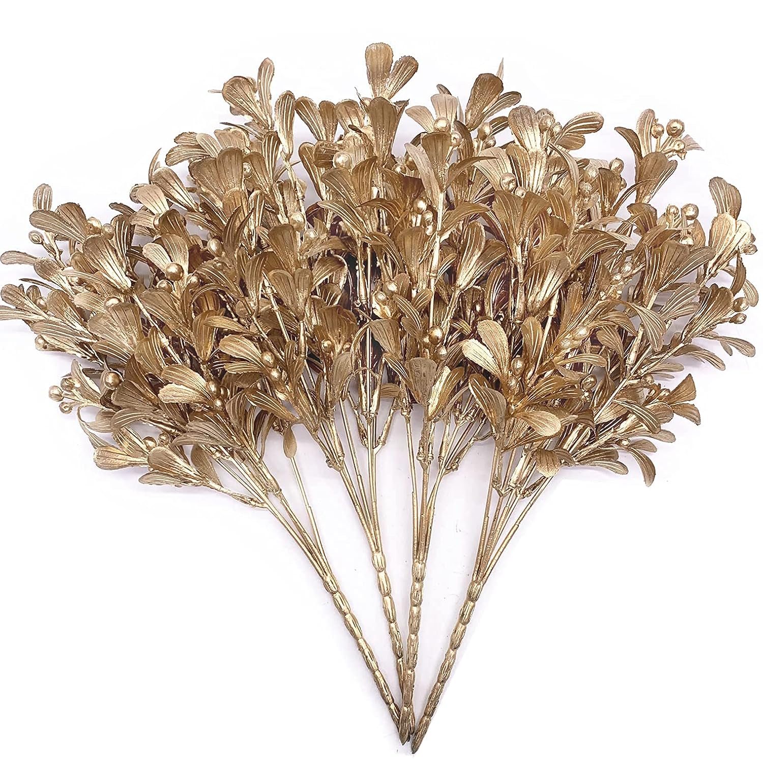 Artificial Flowers Christmas Decor, Golden Leaves Branches Plants Fake Berry Grass For Wedding Bridal Bouquet Party Indoor Diy Home Office Table Centerpieces Arrangements Decoration - Gold 4 Pack