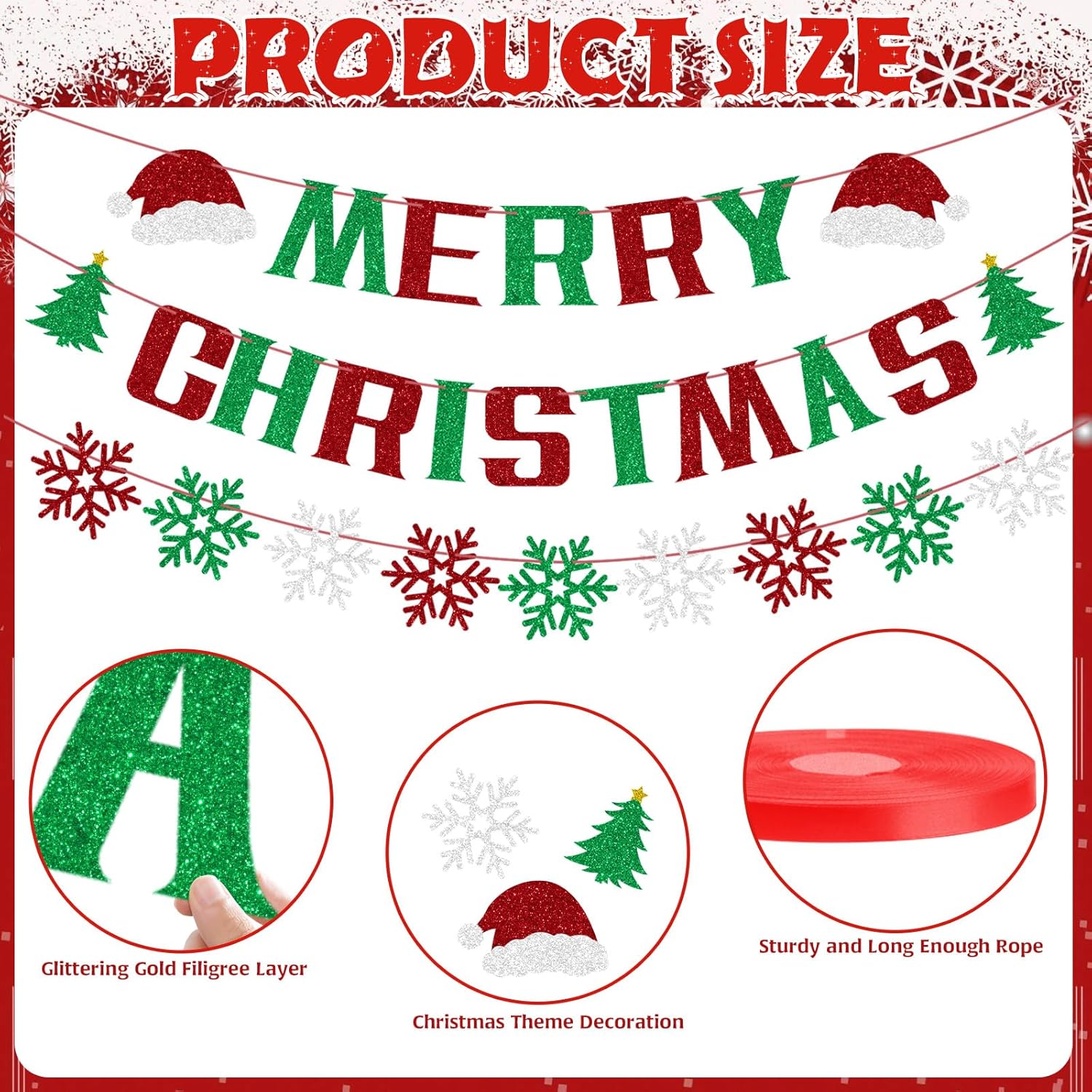 Merry Christmas Banner, Hanging Christmas Banner Decorations, Glitter Paper Xmas Banners Gifts For Inside, Home Office Merry Decorations Merry Decor For Party Fireplace Holiday Ornamentation