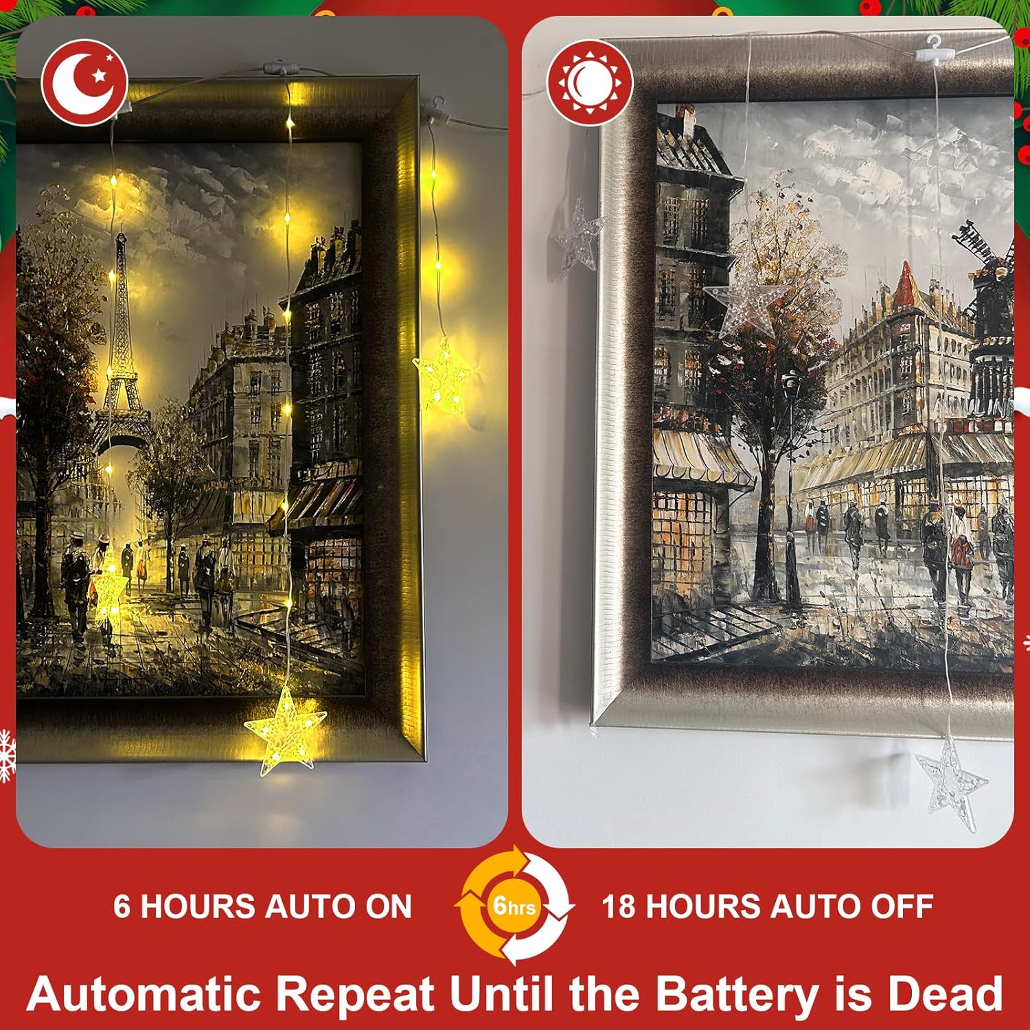 Christmas Window Lights With 3 Pcs Xmas Cards, 76Leds 9 Stars Curtain Lights Battery Operated With Timer & 8 Mode, Ip65