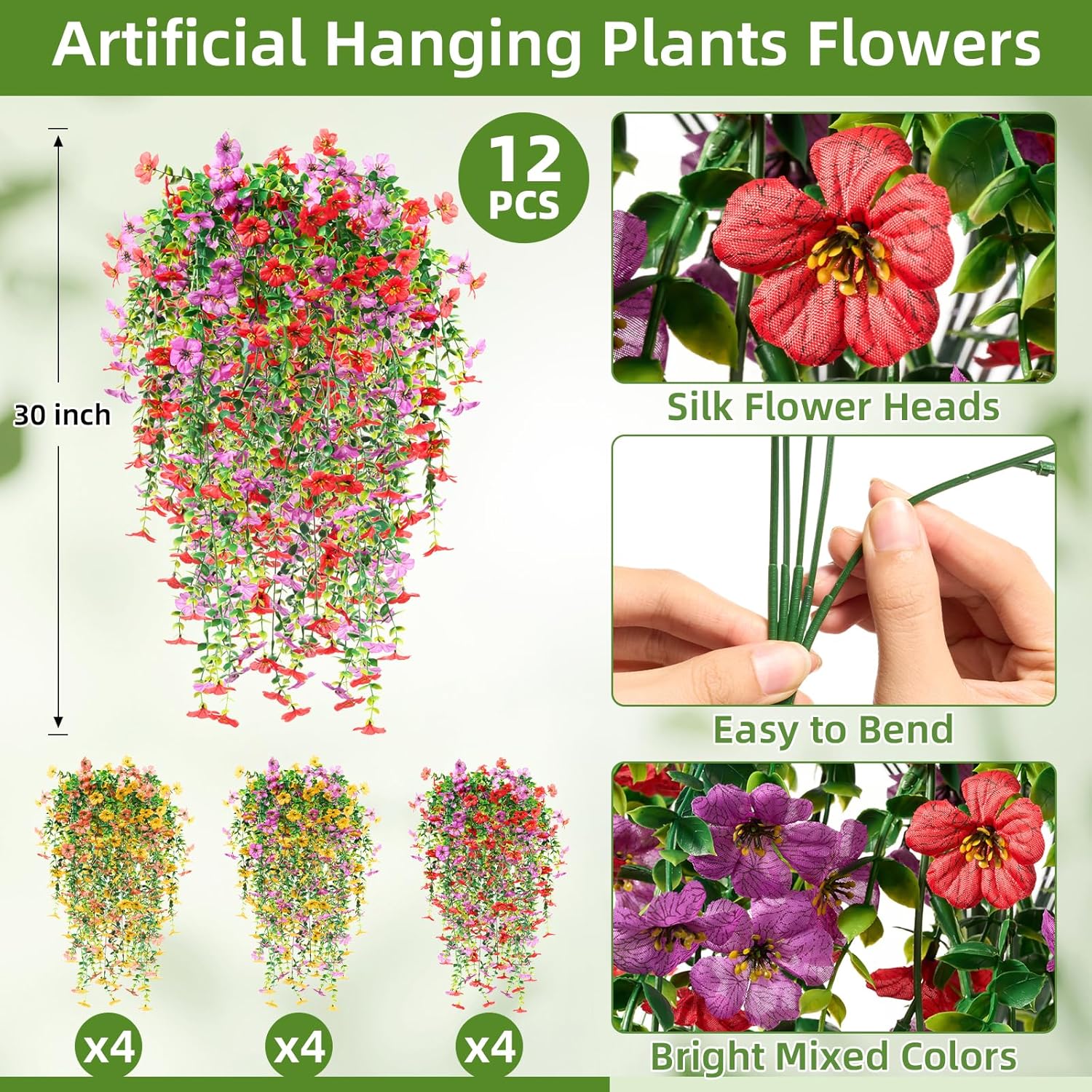 12 Pack Artificial Hanging Flowers Plants For Outdoors 30 Inch Uv Resistant Fake Plastic Faux Artificial Plants Bulk For Planter Porch Patio Yard Garden Wedding Wall Indoor