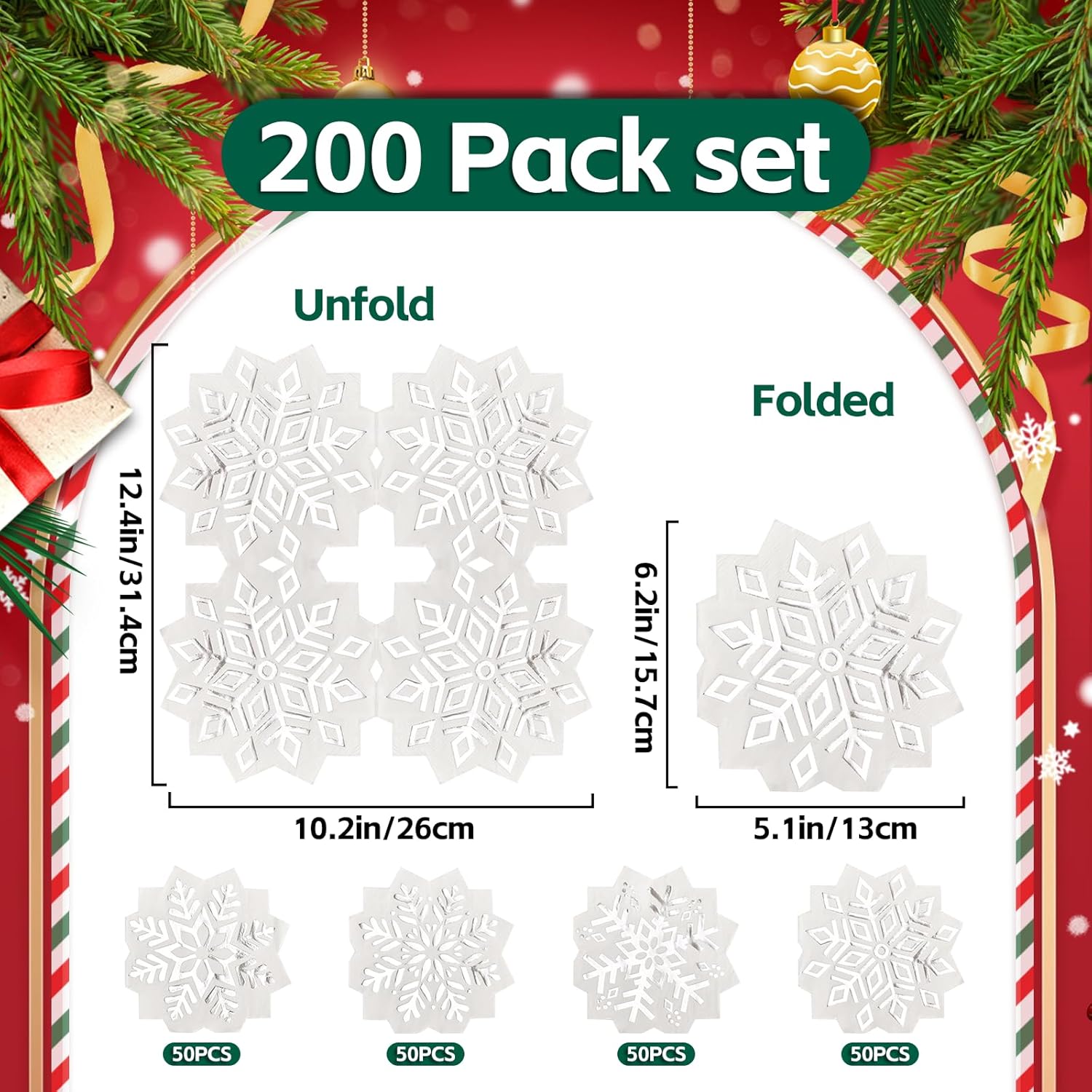200 Pack Snowflake Paper Napkins Silver Foil Snowflake Disposable Luncheon Napkins For Winter Party Christmas Table Decor, 4 Design
