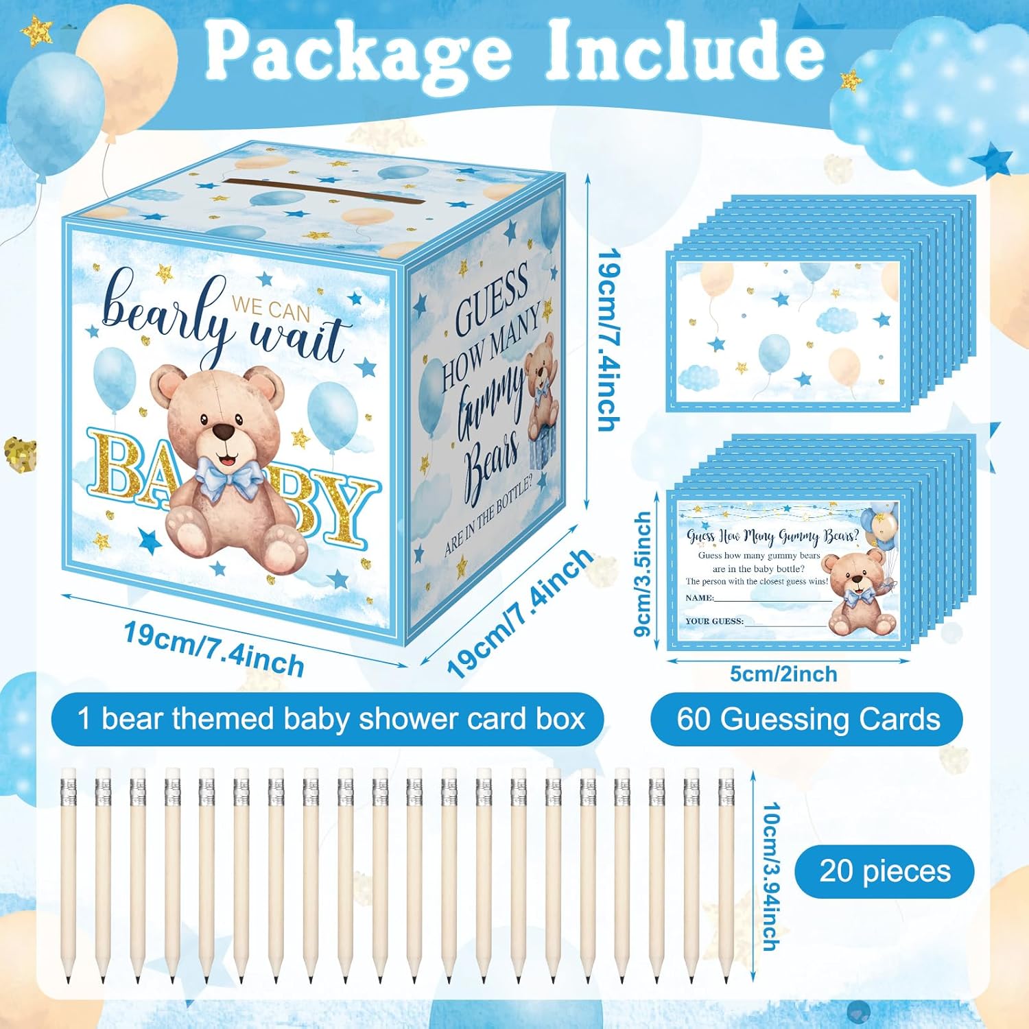 82 Pcs Blue Baby Shower Games Guess How Many Bears Include 1 Guessing Box 1 Large Baby Bottle 60 Cards 20 Pencils For Favors Games Gender Reveal