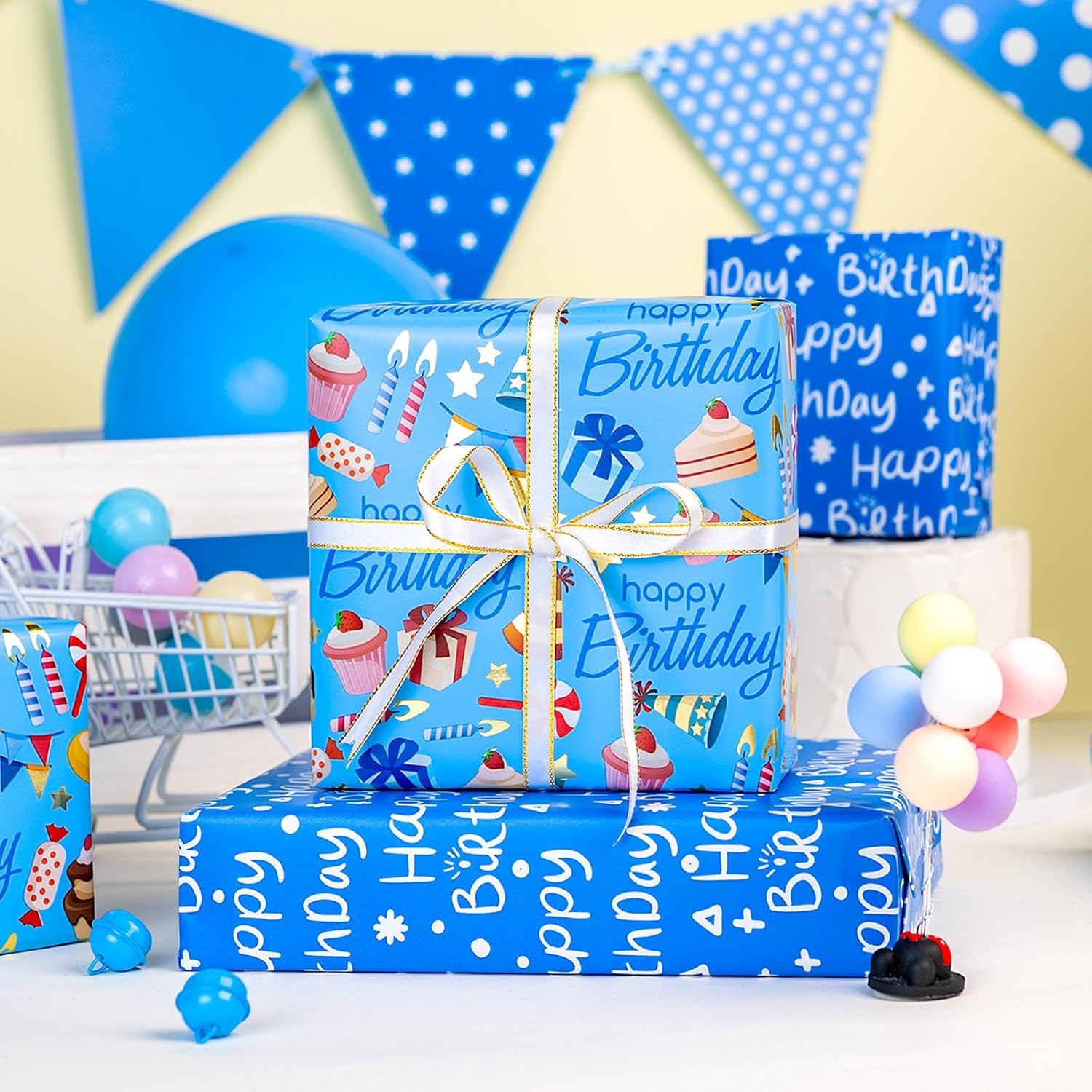 Light Blue Wrapping Paper, Reversible Happy Birthday Letterings & Festive Party Icons Gift Wrap For Boys, Birthday, Baby Shower, Party (17 Inch X 16.5 Feet)