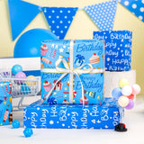 Light Blue Wrapping Paper, Reversible Happy Birthday Letterings & Festive Party Icons Gift Wrap For Boys, Birthday, Baby Shower, Party (17 Inch X 16.5 Feet)
