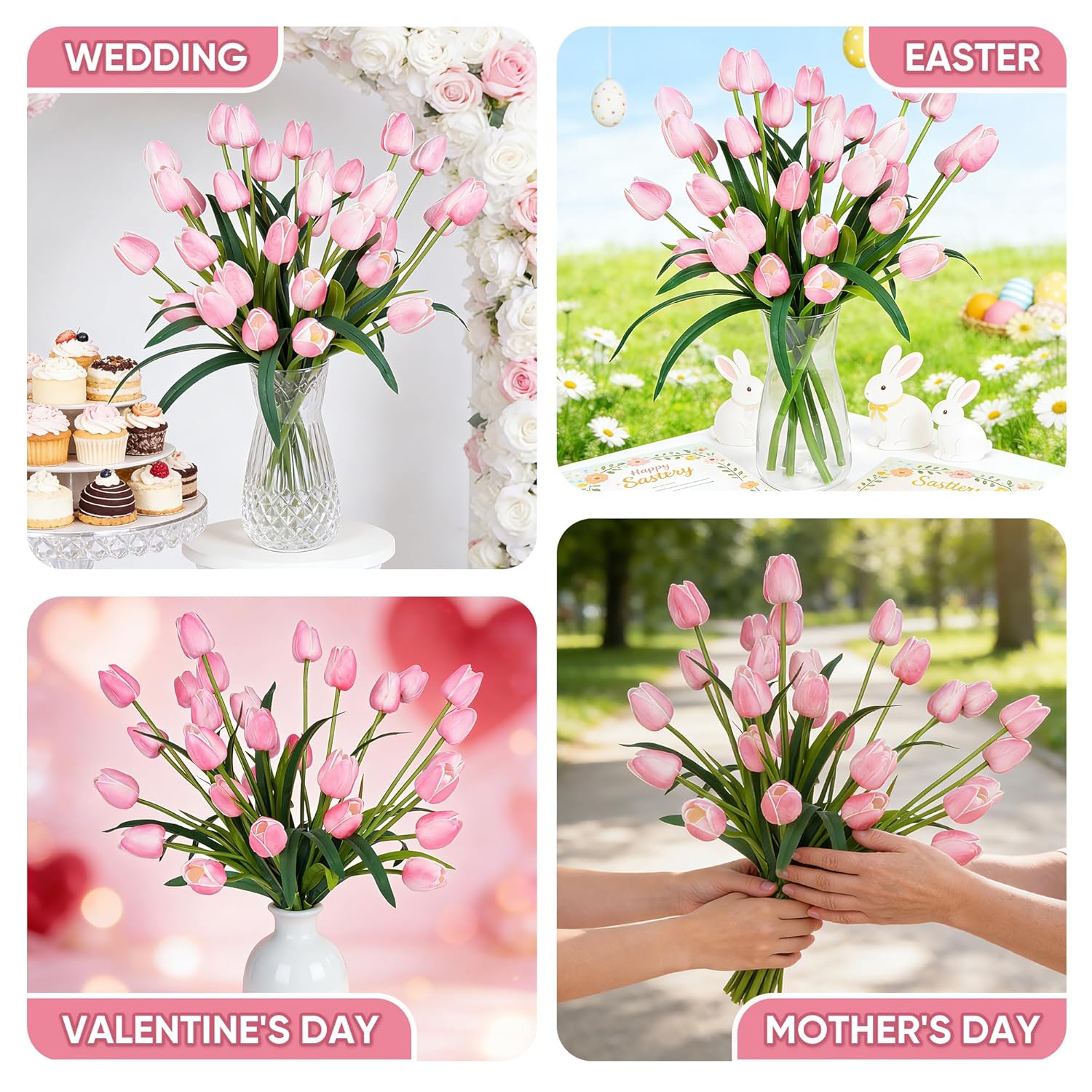 18.9 "Large Pink Simulation Tulip Artificial Flowers, 30-Pack. Perfect For Spring Weddings, Valentine'S Day, Easter, Mother'S Day, And Elegant Home And Table Vase Arrangements.