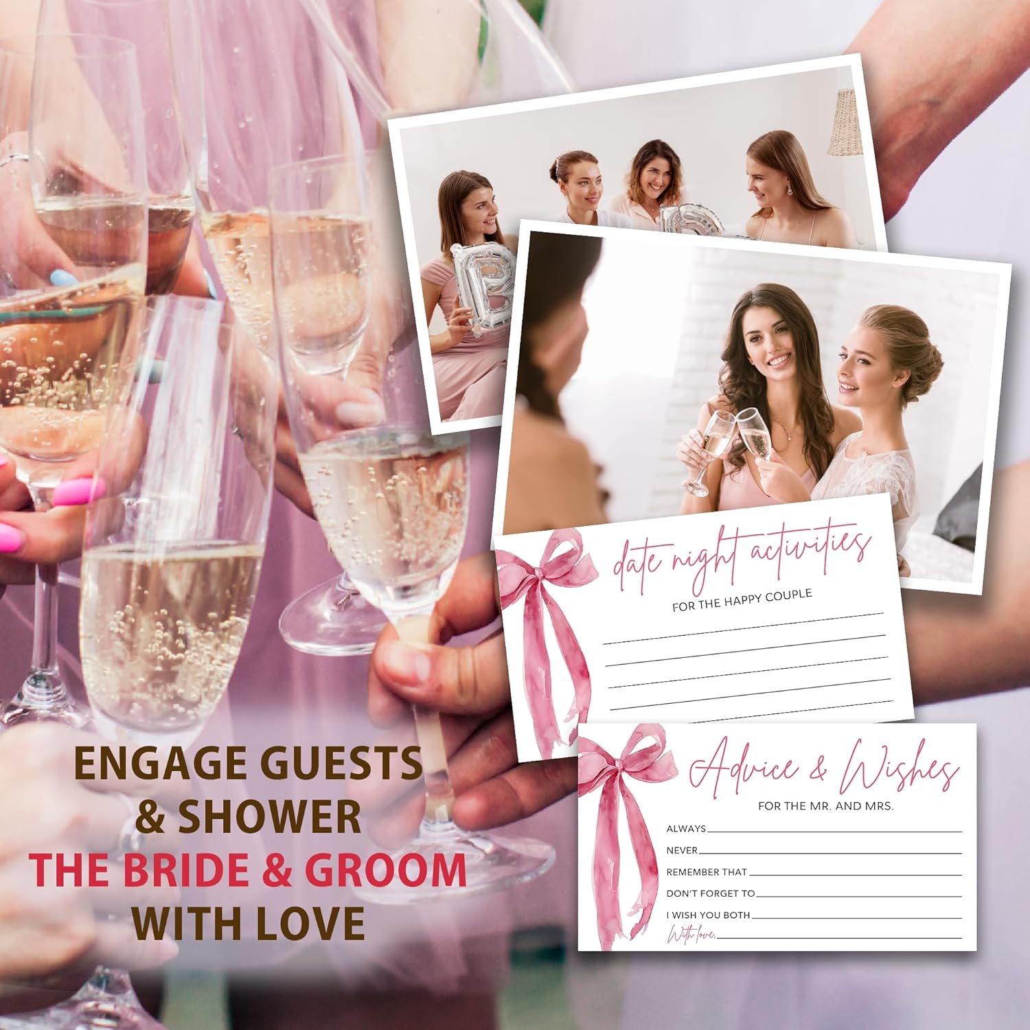Pink Bow Advice And Wishes For The Mr And Mrs - 50 Packs Wedding Advice Cards Bridal Shower Game Cards With Box Reception Guest Book For Bride Groom Newlywed Engagement Party Decoration -A07