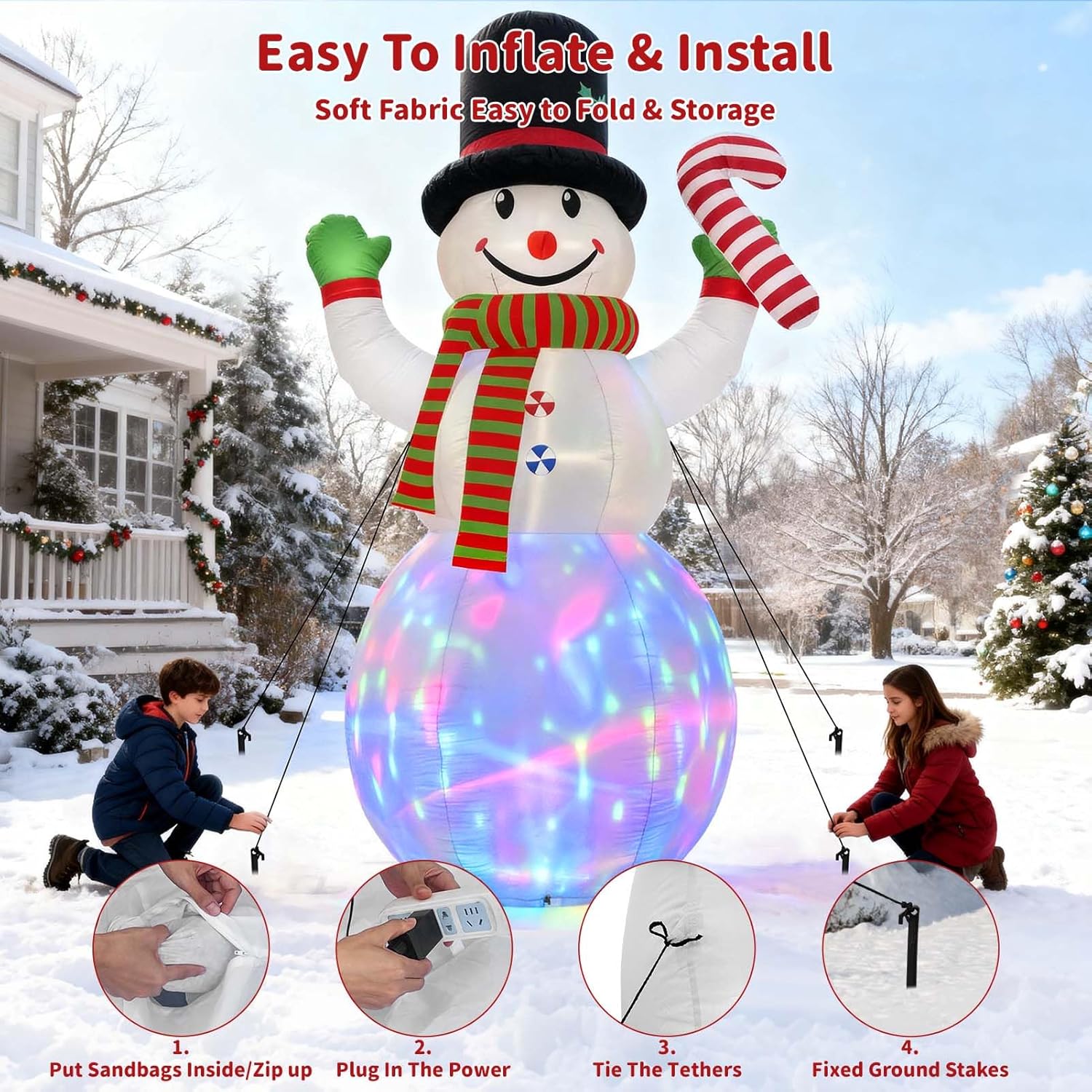12Ft Christmas Inflatables Snowman Outdoor Decorations, Giant Christmas Blow Up Snowman Inflatable In Waving Pose With C