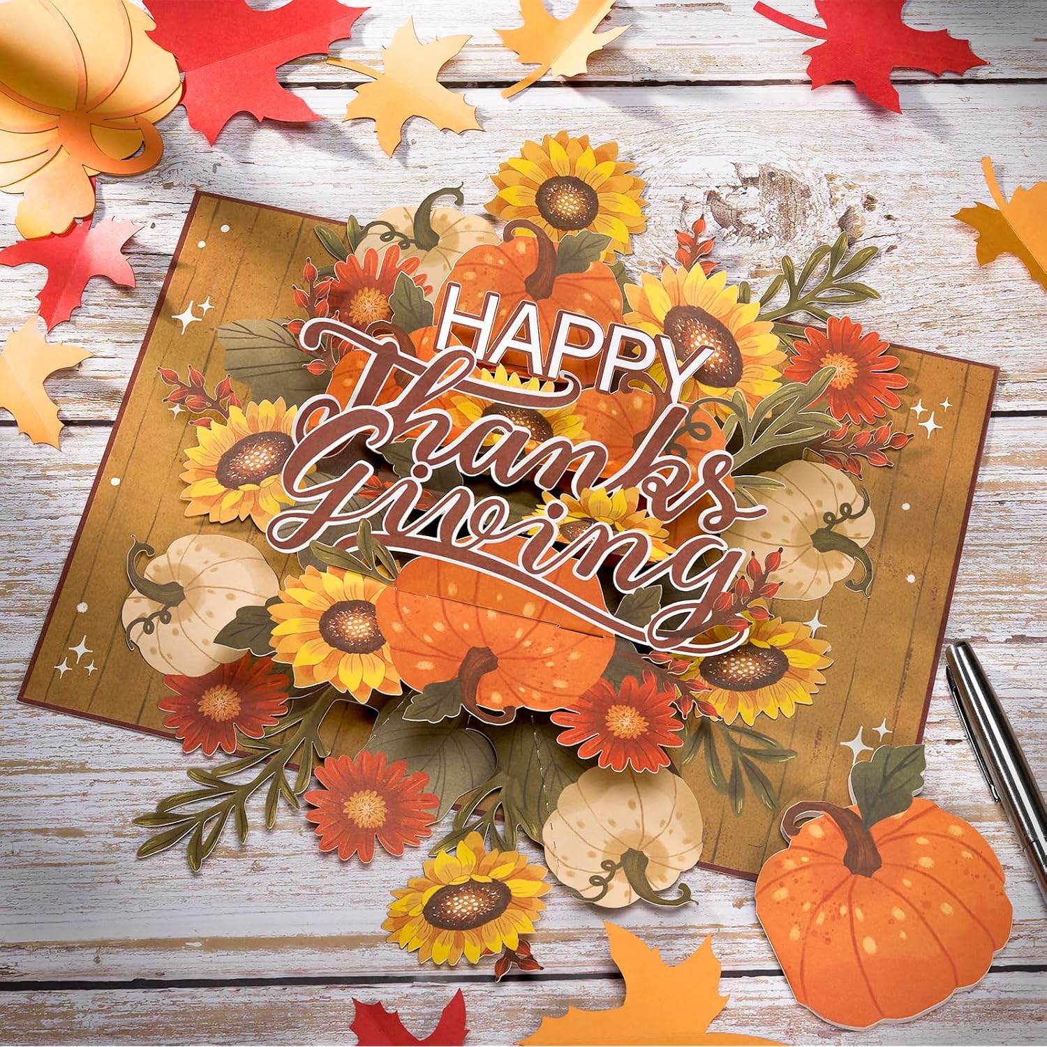 Happy Thanksgiving Pop Up Card, Pumpkin, Flowers, Thanks Giving, 3D Popup Greeting Cards, Gifts For Mom, Grandma, Girl, Women, Table Decorations, 5X7 - Includes Envelope And Message Note