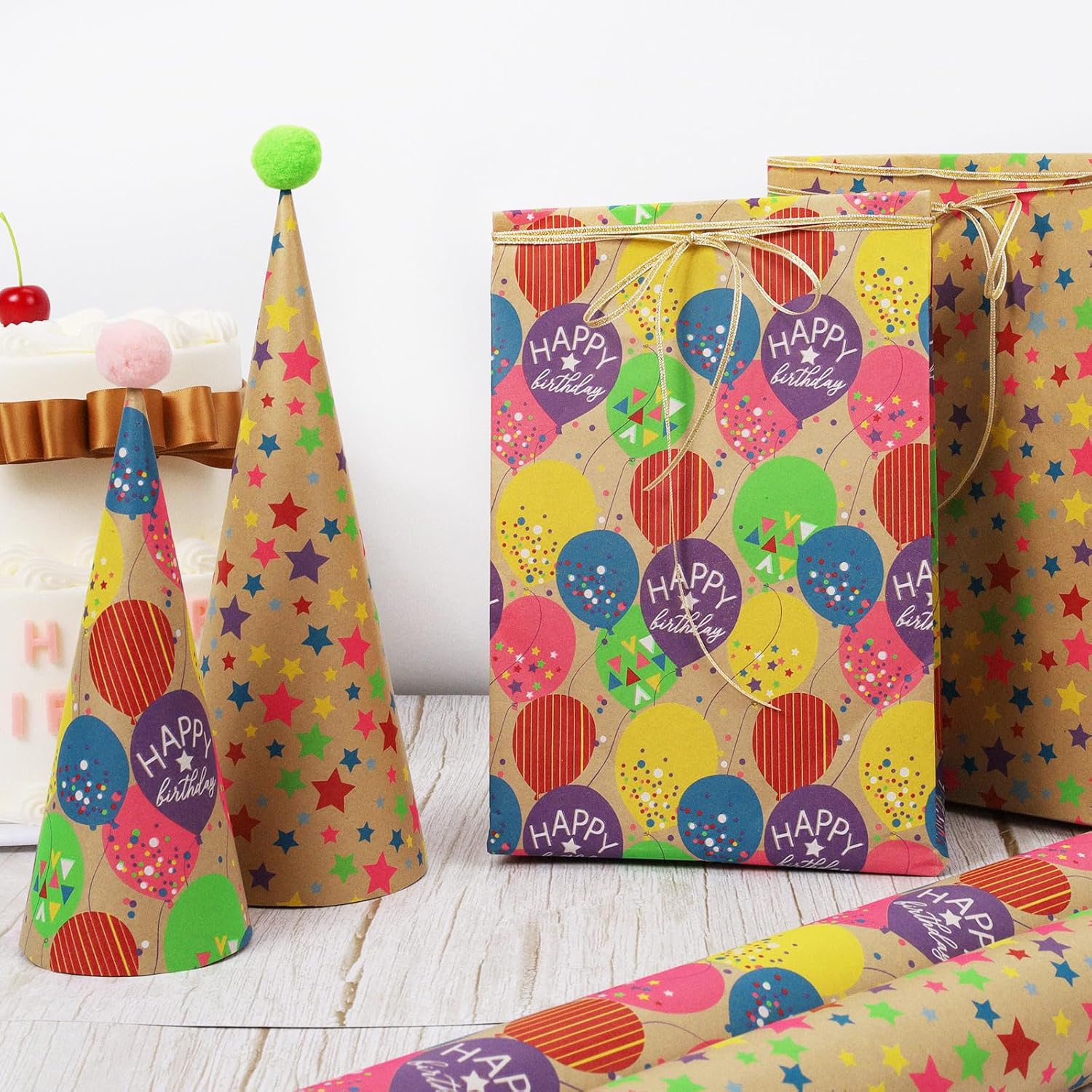 Birthday Wrapping Paper Roll For Kids, 30 Inch X 33 Feet (83 Sq. Ft. Ttl.) Kraft Gift Wrap Paper With Colorful Balloon Pattern For Baby Shower Holiday Party