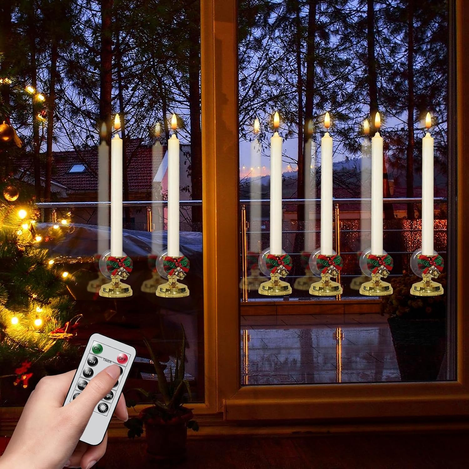 Flameless Window Candles With Remote Timer, Battery Operated Taper Candles With Wreath, 3D Wick Flickering For Christmas Decoration, Removable Suction Cups And Gold Holders Included (6 Packs)