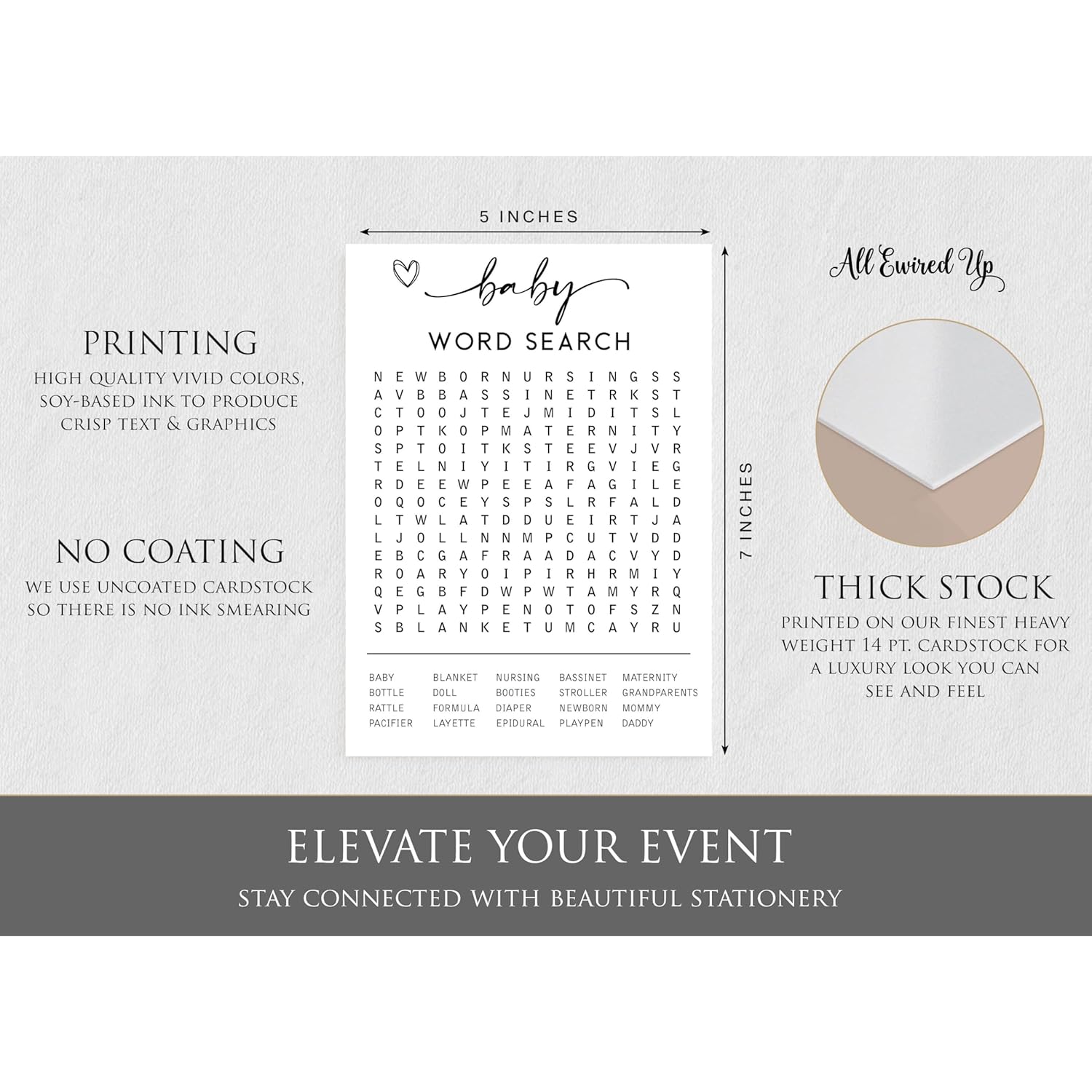 50 Baby Shower Word Search Game (50-Cards) Fun Baby Shower Word Find Game Activity, Gender Neutral Boy Or Girl, Minimalist Script Greeting Card