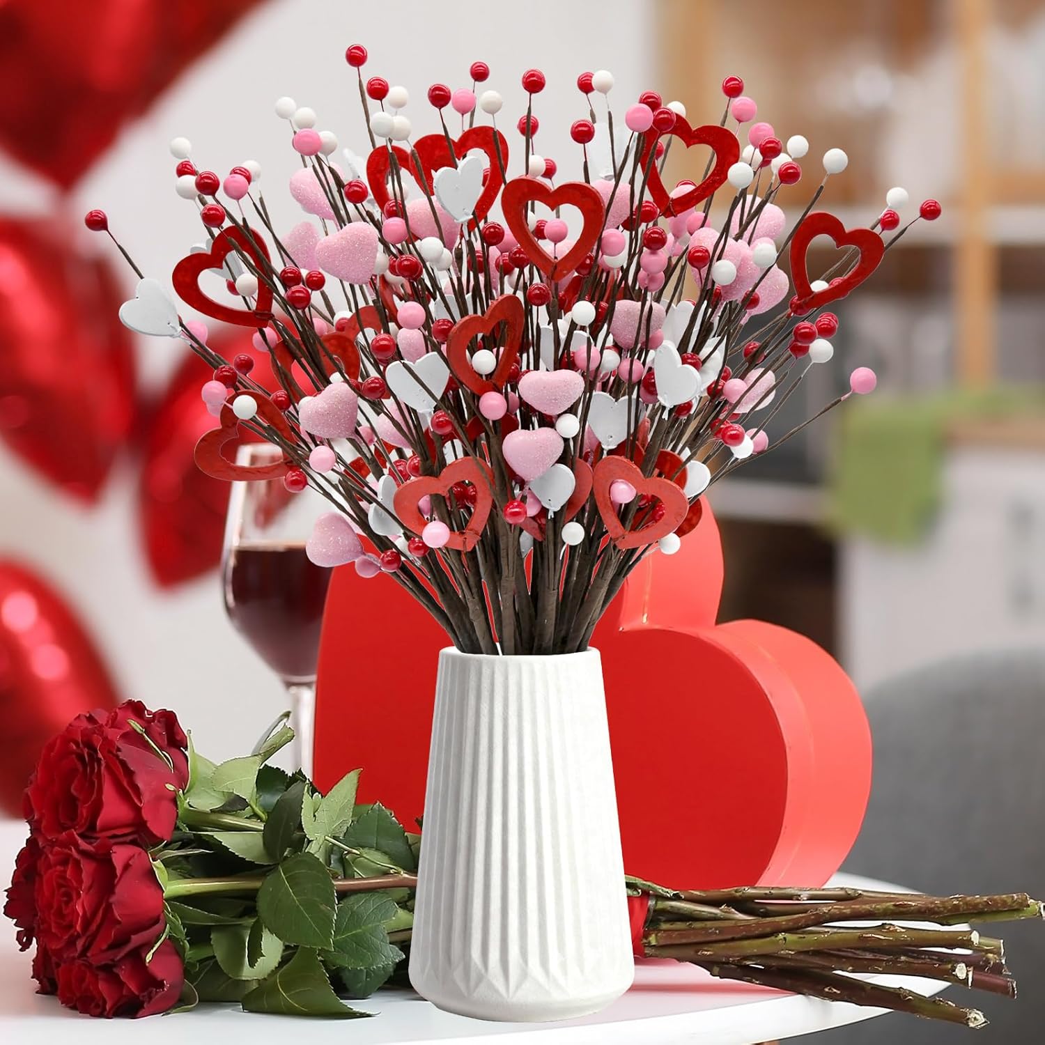 Valentine'S Day Decor, 20 Pack Heart Berry Stems Valentines Day Decorations For Tree, Artificial Flowers Valentine Picks For Wreath, Valentine'S Day Gifts, Valentines House Decorations