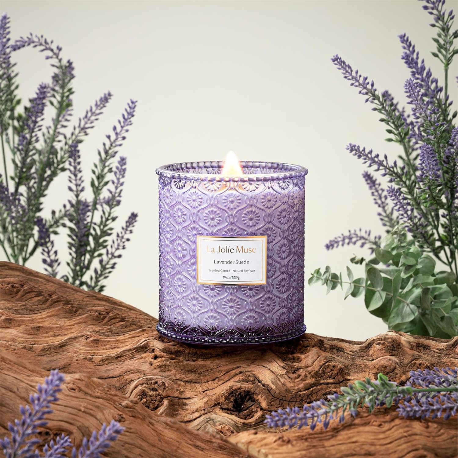 Lavender Suede Candle – Eucalyptus, Lavender & Sandalwood 19 Oz Large Wooden Wick Candle | Natural Soy Wax | 90 Hours Clean Burn | Aromatherapy Candle For Relaxation