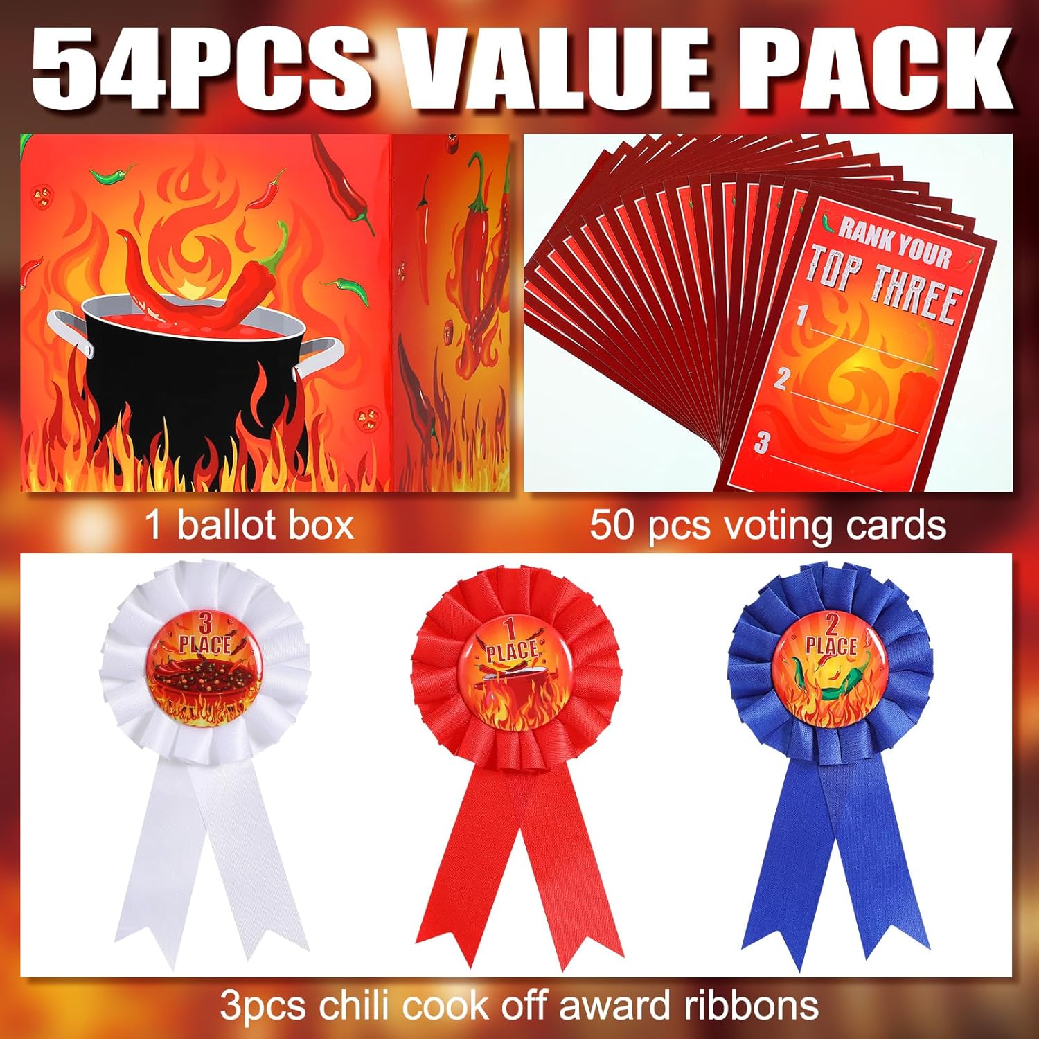 Chili Cook Off Contest Ballot Box With 50 Pcs Voting Cards And 3 Pcs Trophy Award Ribbons For Chili Cook Off Game Award Prizes Party Supplies Decorations Cook Chef, Assembly Needed