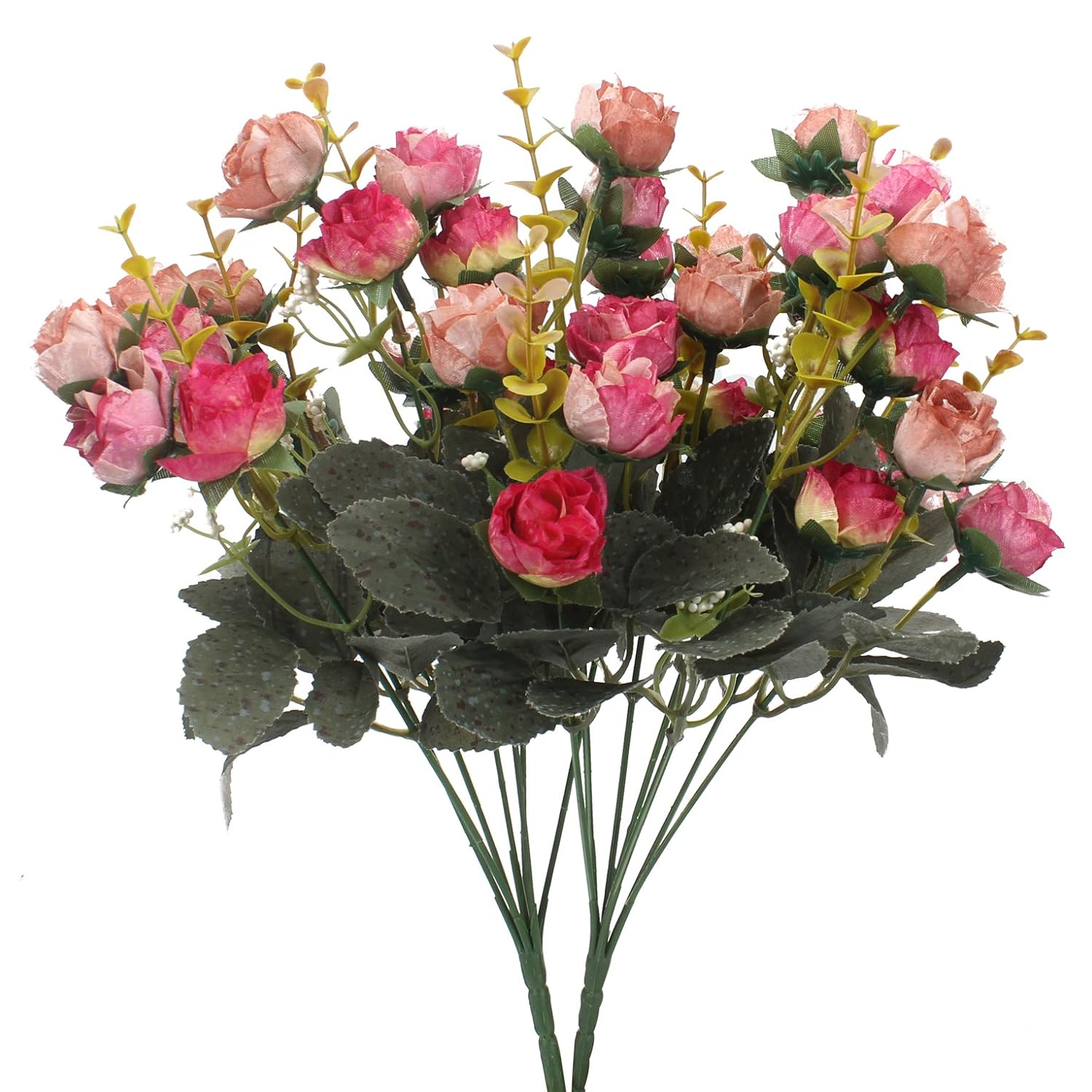 7 Branch 21 Mini Rose Heads Artificial Flowers Bouquet Wedding Home Office Decor,Pack Of 2 (2 Pcs Rose Red)