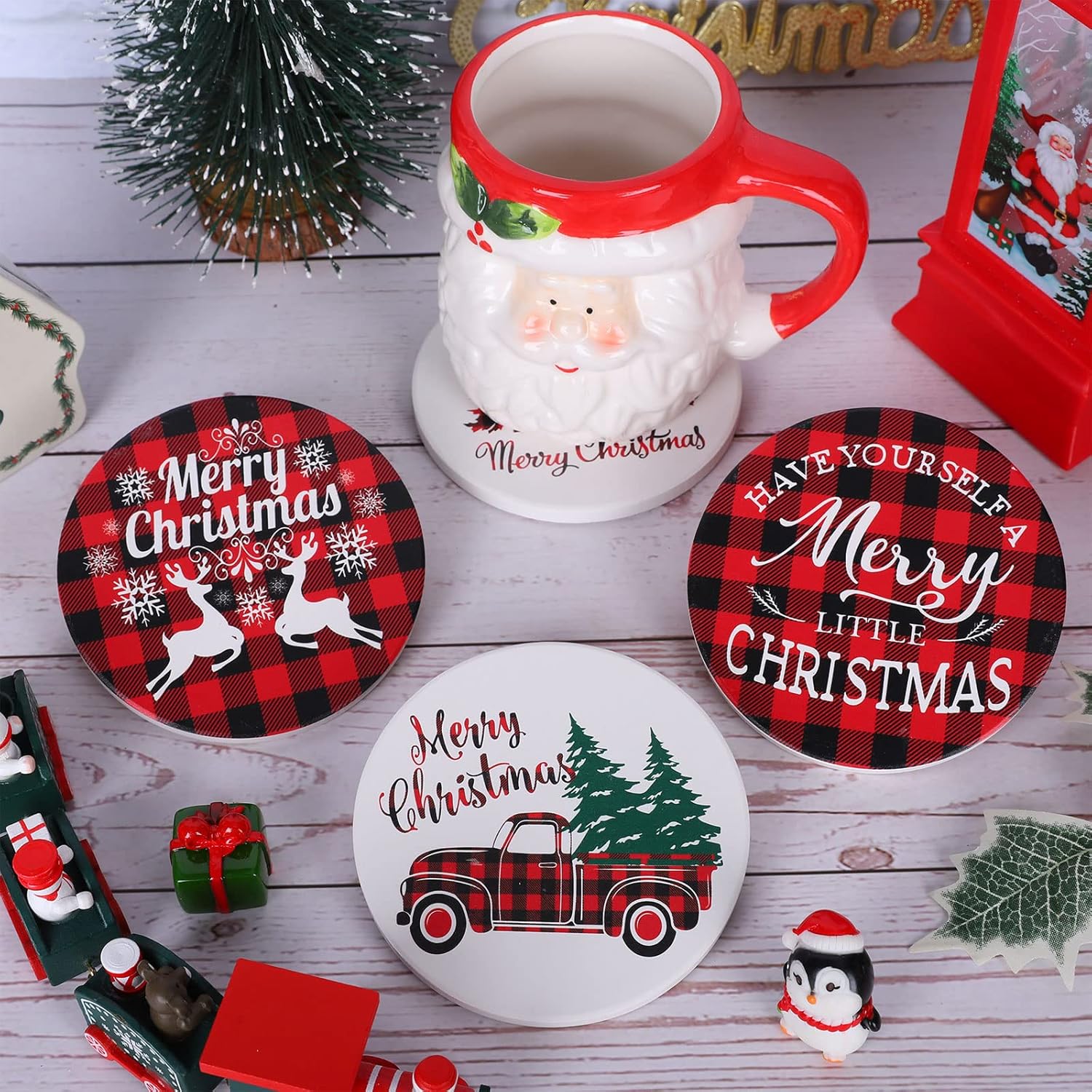 Merry Christmas Coasters Set Of 4 Red Black Buffalo Plaids Drink Coaster Xmas Tree Truck Reindeer Absorbent Ceramic Coaster Holiday Cup Mat For Mugs Cups Home Kitchen Office Party Table Decor