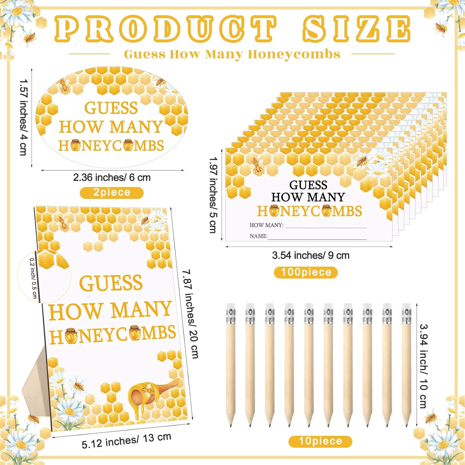 114 Pcs Bee Baby Shower Games Guess How Many Honeycombs Wooden Guessing Game Sign 100 Guessing Cards 10 Pencils 2 Stickers 1 Bottle For Guests Baby Shower Gender Reveal Party, No Honeycombs