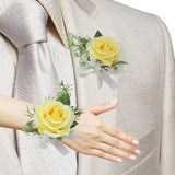 Corsage And Boutonniere Set, Handmade Artificial Peony Rose Wrist Corsage Wristlet And Groom Boutonniere For Men Wedding Prom Suit Decorations (Yellow)