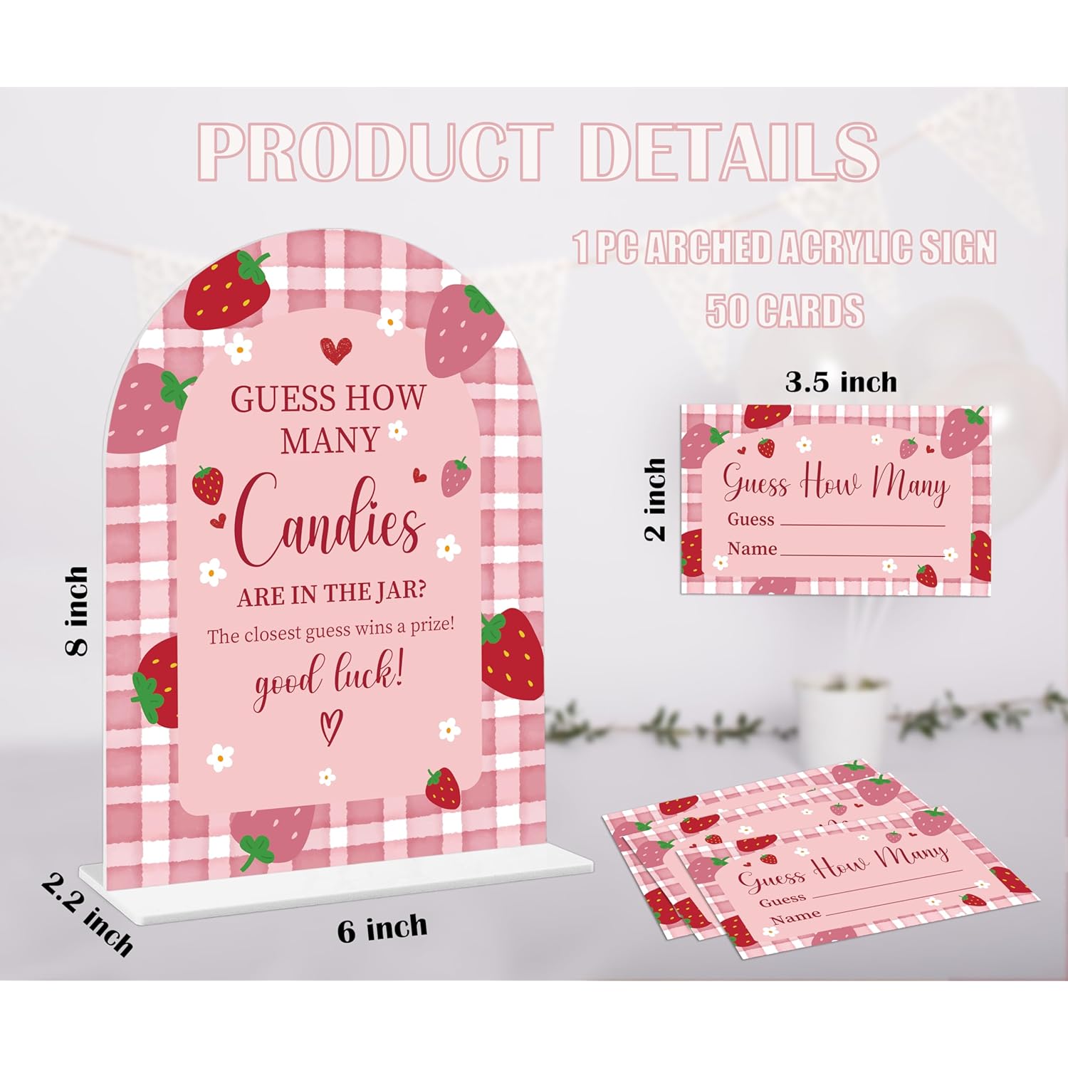 Baby Shower Games - Strawberry Guess How Many Candies Are In The Jar Game, 1 Arch Acrylic Sign And 50 Guessing Cards, Gender Reveal Game, Berry Baby Shower Decoration Supplies (Zf04)