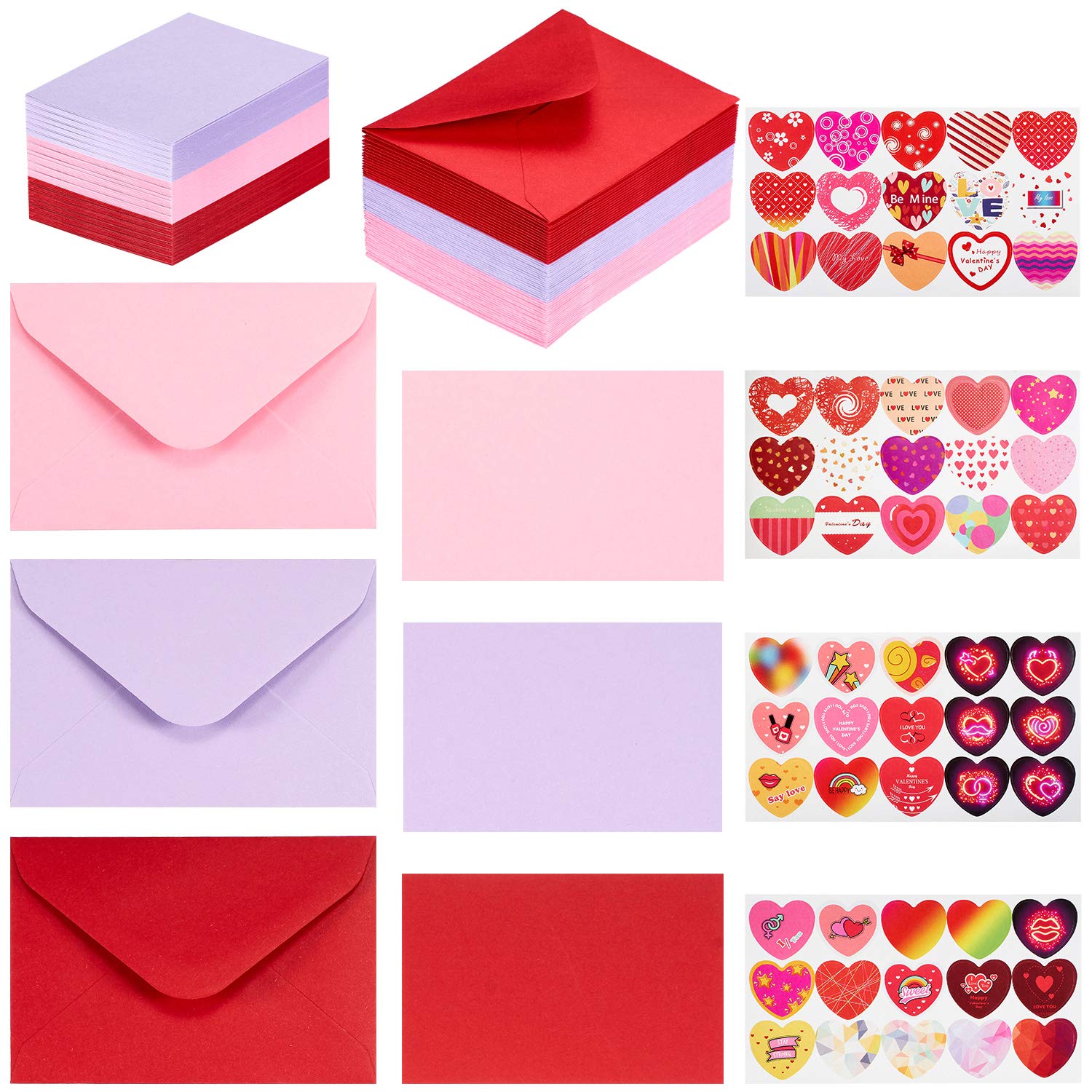 60 Set Blank Note Card Diy Greeting Cards With Mini Envelopes Matching Color Envelopes Gift In 3 Colors And Love Stickers Heart Sticker For Valentines Day Anniversary, 4 X 2.7 Inch