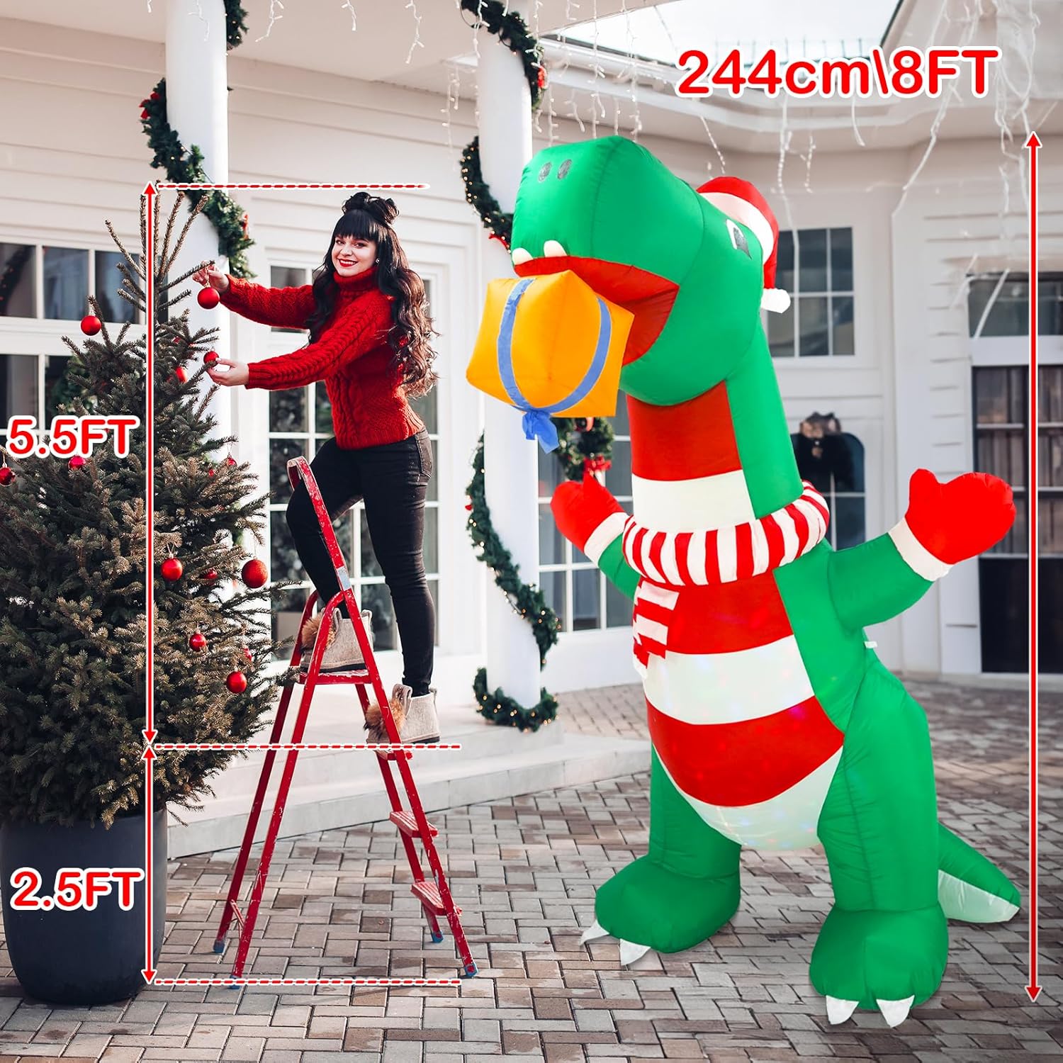 8Ft Christmas Inflatables Outdoor Decorations, Blow Up Yard Dinosaur Decoration With Christmas Hat & Gift Box, Built-In
