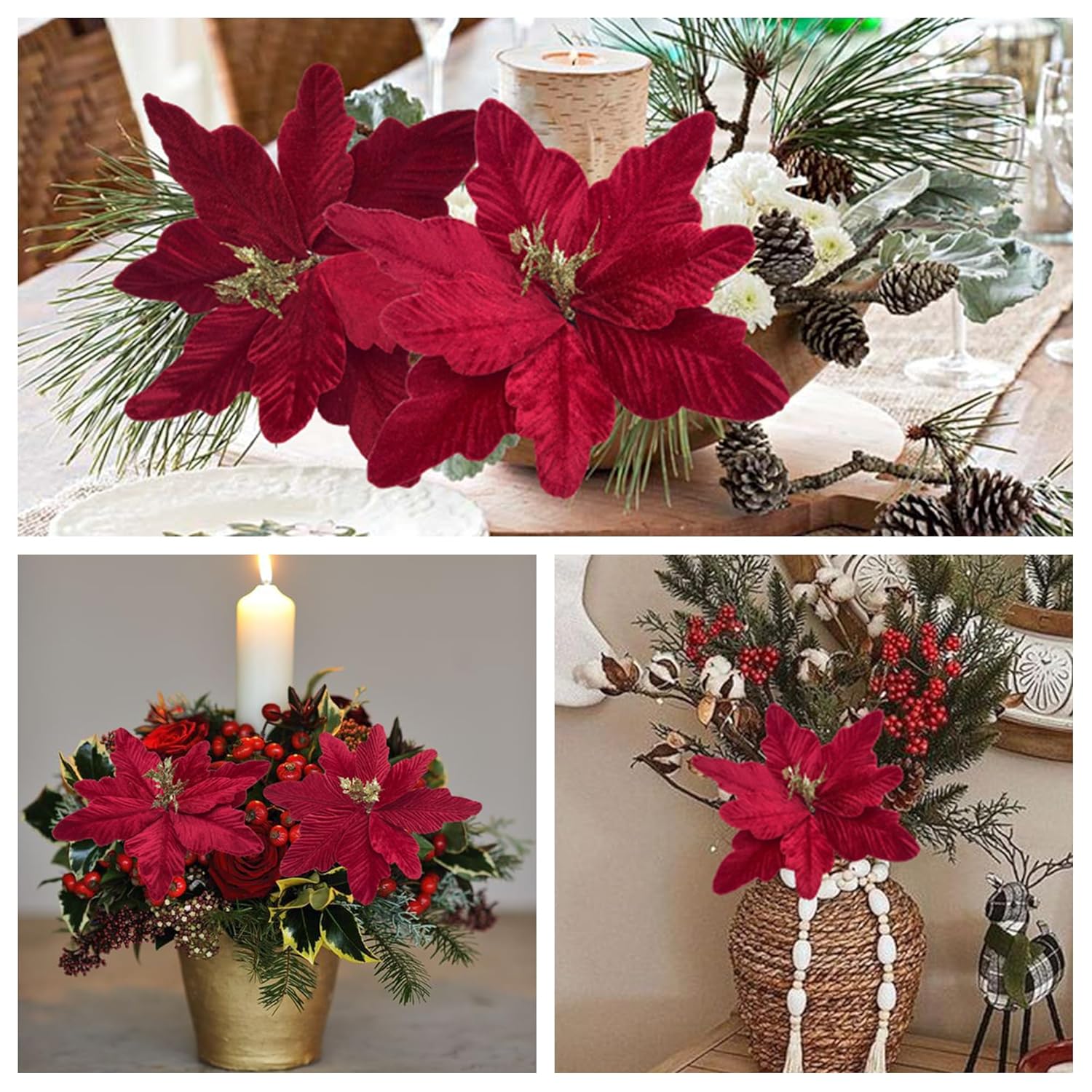 Large Christmas Poinsettia Glitter Foldable Christmas Flowers Floral Picks Stems For Christmas Tree Decorations Wedding Centerpiece (6Pcs Wine Red)
