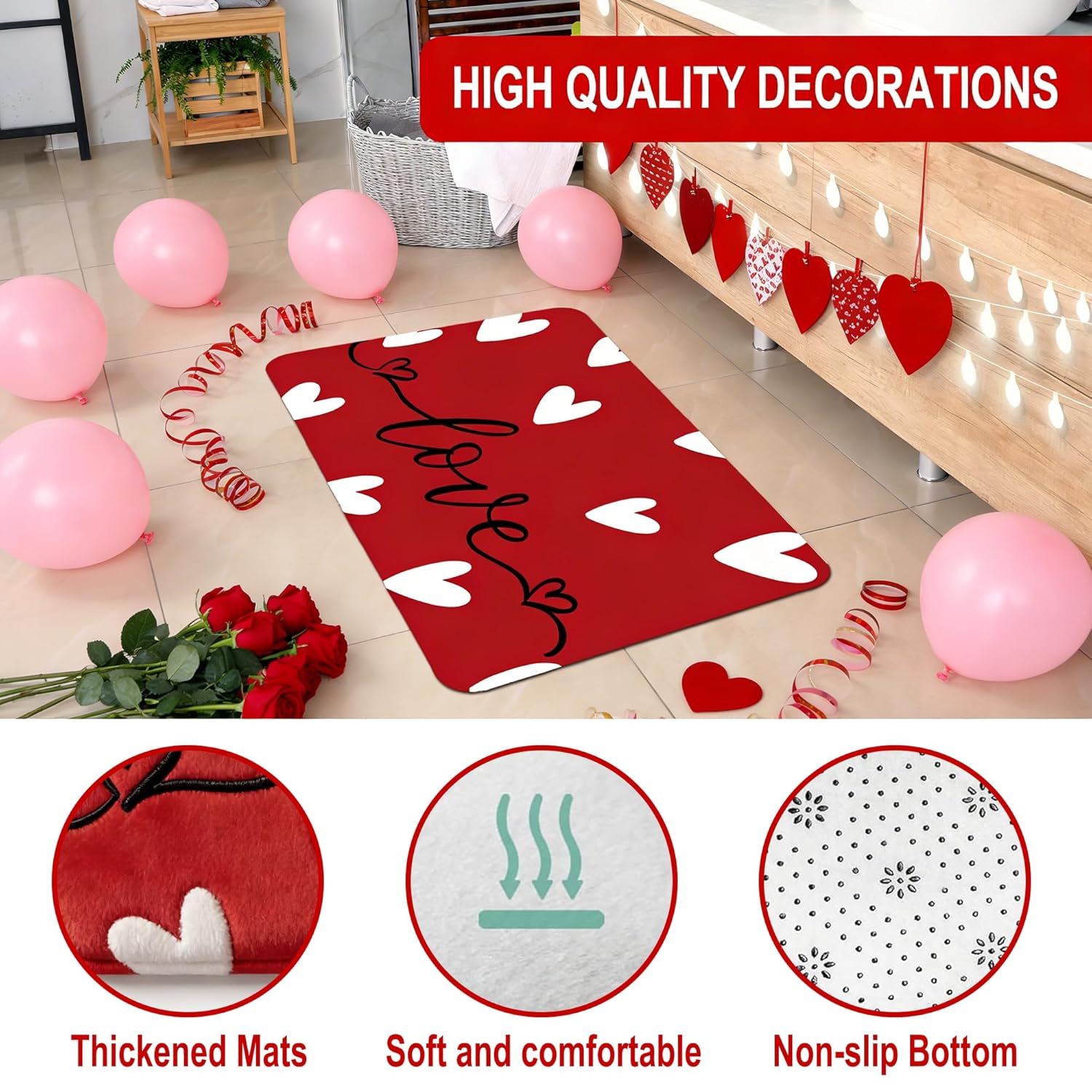 Valentines Day Shower Curtain Set For Bathroom, Red Love Heart Shape Red Bathroom Supplies For Valentines Accessories Decor Set, Non Slip Rugs Toilet Lid Cover U Shape Bath Mat And 12 Hooks