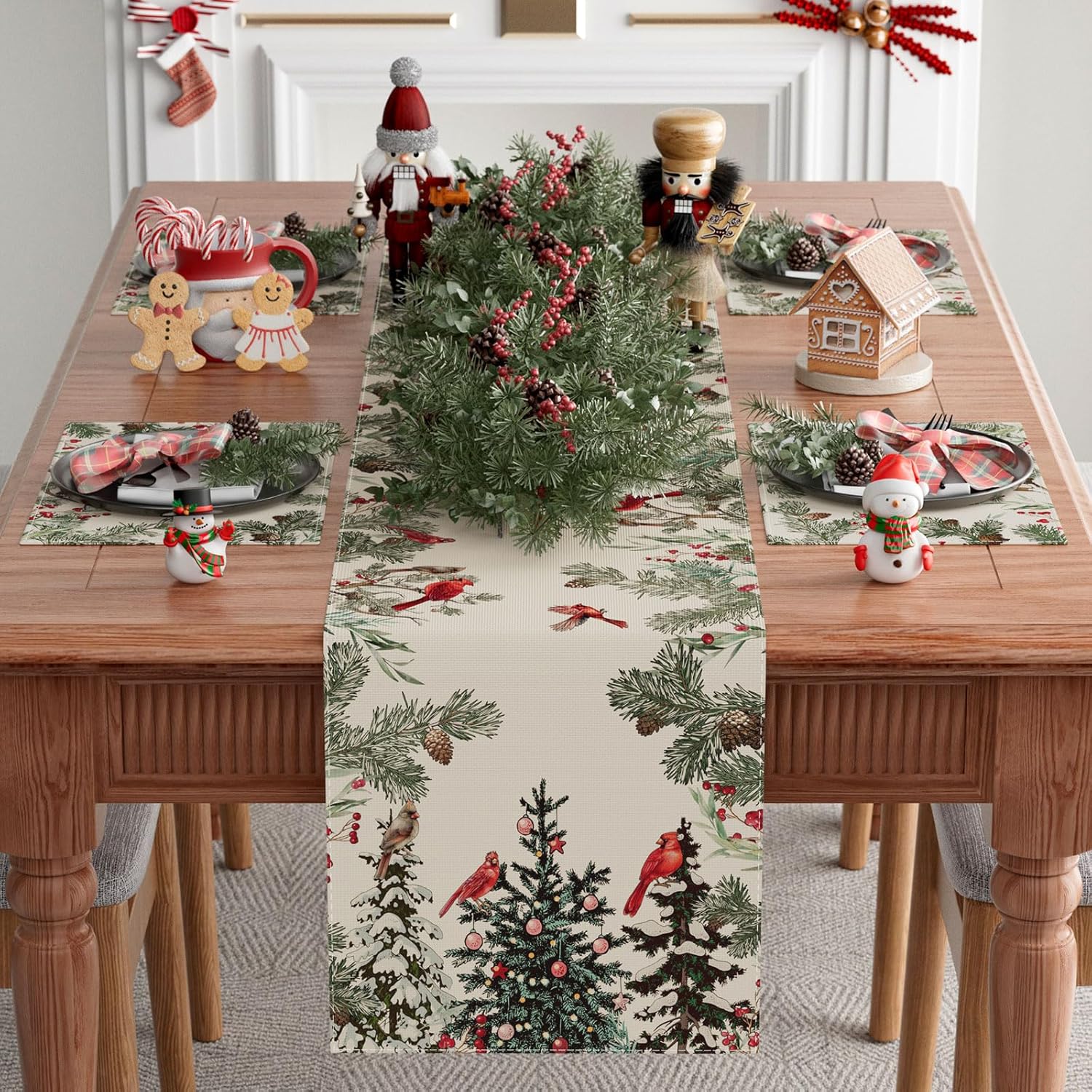 Cardinal Birds Winter Pine Tree Christmas Xmas Table Runner Table Decoration For Home Kitchen Dining Holiday Decor 13X72 Inch