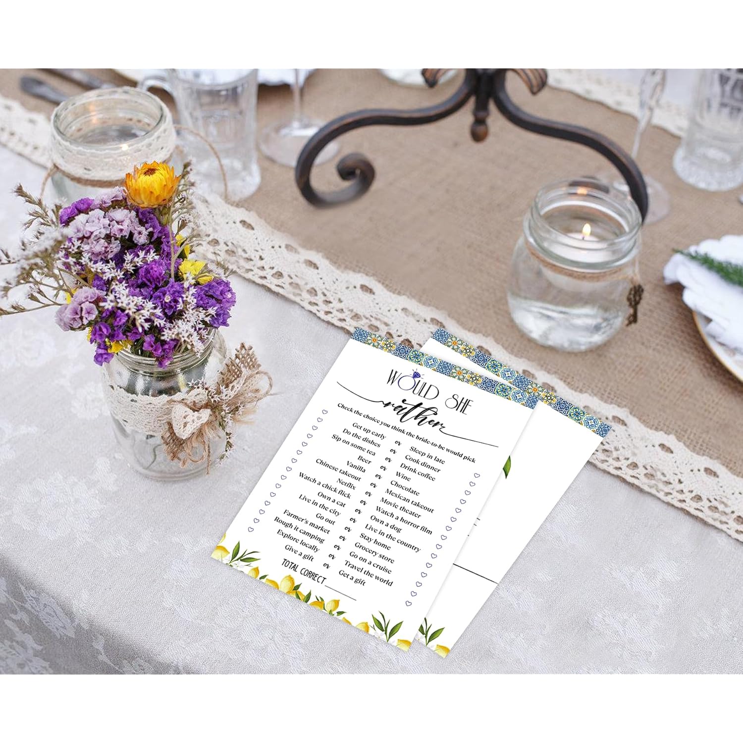 Blue Tiles And Lemons Would She Rather Game For 30 Guests With Game Cards, Lemons Bridal Shower Game, Modern Bridal Shower Decorations, Wedding Shower Or Bachelorette Party Supplies - 02