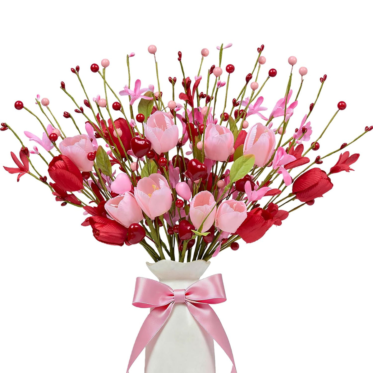 Valentine'S Day Gifts 12 Pack Artifcial Valentine Decorations 17 Inch Valentines Day Pink Picks With Red Tulip Pink Love Heart Berries For Valentine Wedding Anniversary Party Decor