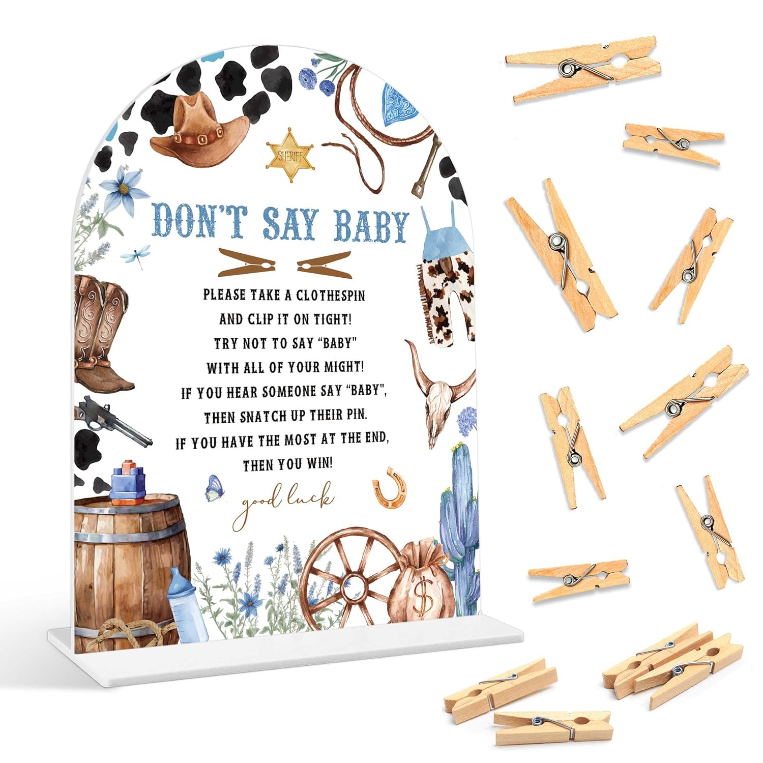 Baby Shower Games - Cowboy Don'T Say Baby Clothespin Game, 1 Arch Acrylic Sign And 50 Mini Clothespins, Gender Reveal Game, Wild West Rodeo Baby Shower Decoration Supplies (Gxb01)