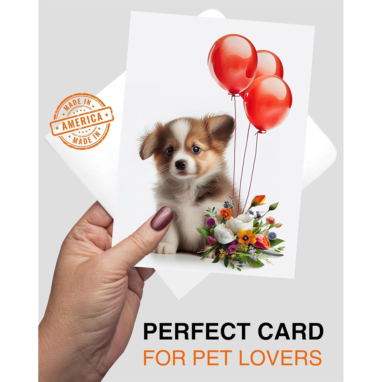 Puppy With Red Balloons And Flowers All Occasions Greeting Card From Unique Dogs Party Delights Collection Large 5X7 Inch Blank Inside With Envelope