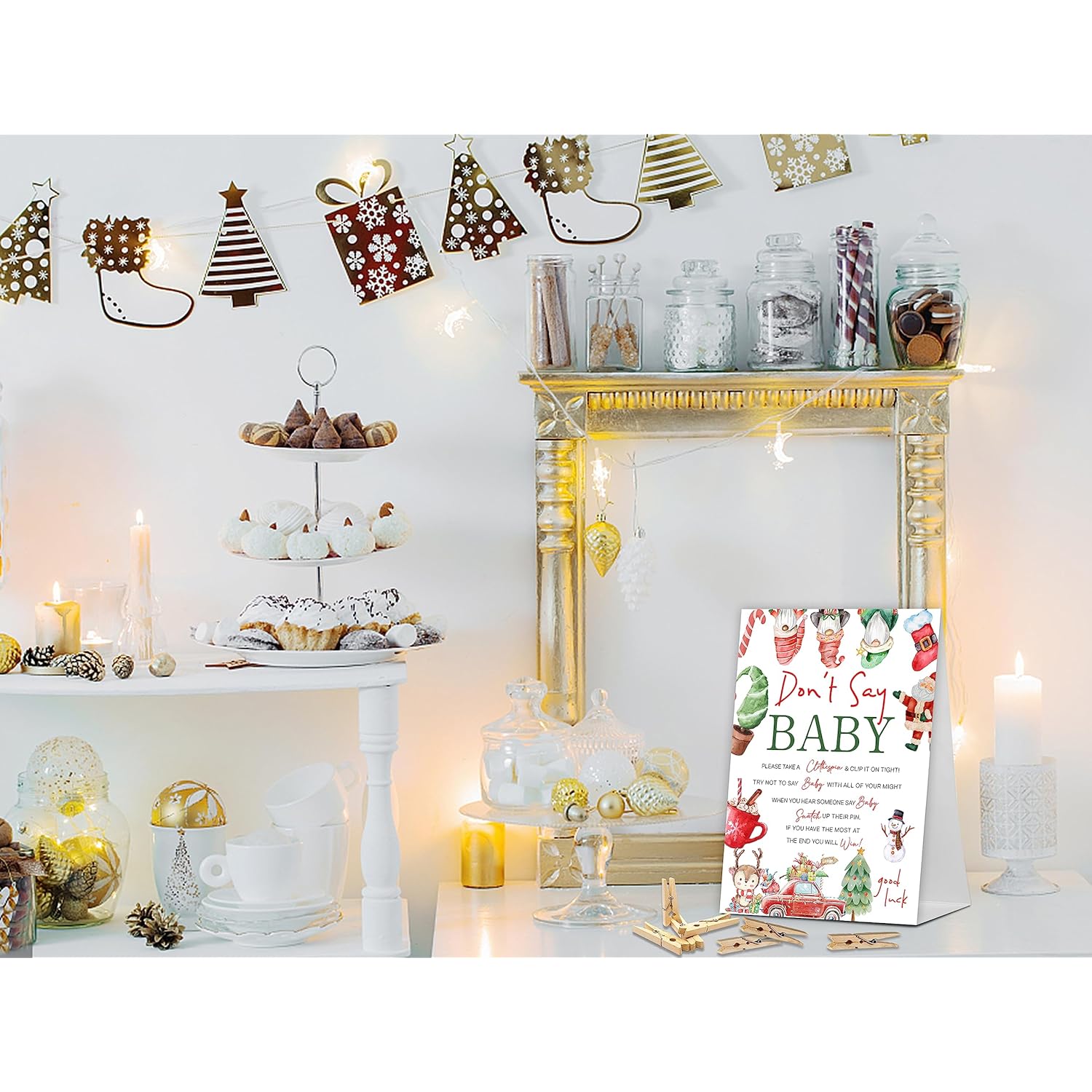 Don'T Say Baby Game, Christmas Holiday Baby Shower Game Include Baby Shower Sign And 50 Pcs Mini Clothespins, Gender Neutral Baby Shower Decoration, Party Favors Supplies-Lf15