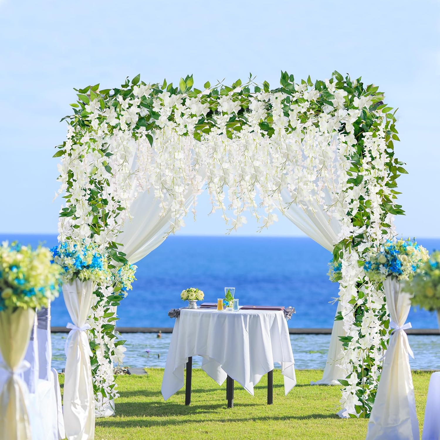6Pcs Wisteria Garland Artificial Flowers Garland Fake Hanging Wisteria Vines Rattan Silk Hanging Flower Vines For Home Garden Outdoor Wedding Arch Party Ceremony Total 35.4Ft (White)