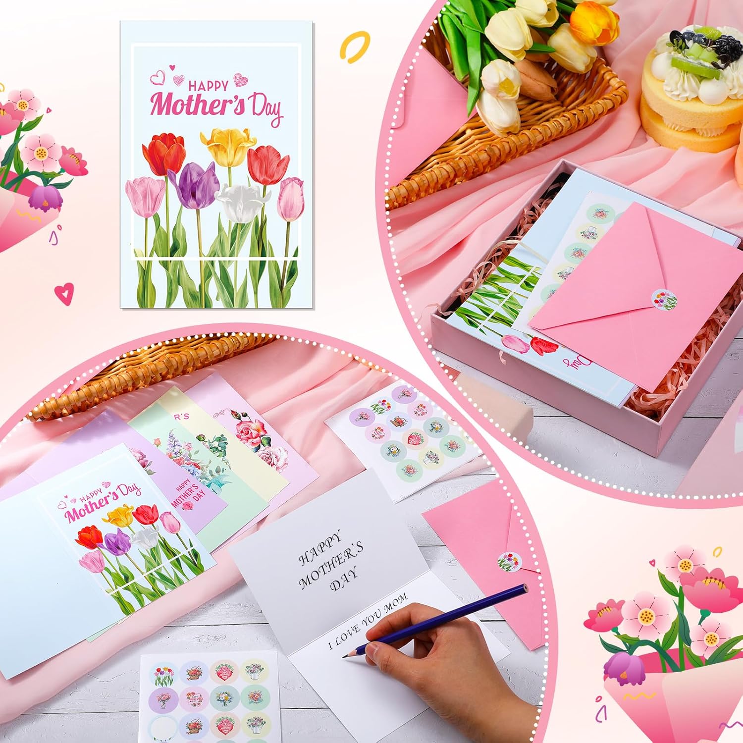 24 Sets Happy Mother'S Day Cards Floral Mom Greeting Card With Envelopes And Stickers Watercolor Heart Rose From Daughter For Party Gifts Supply
