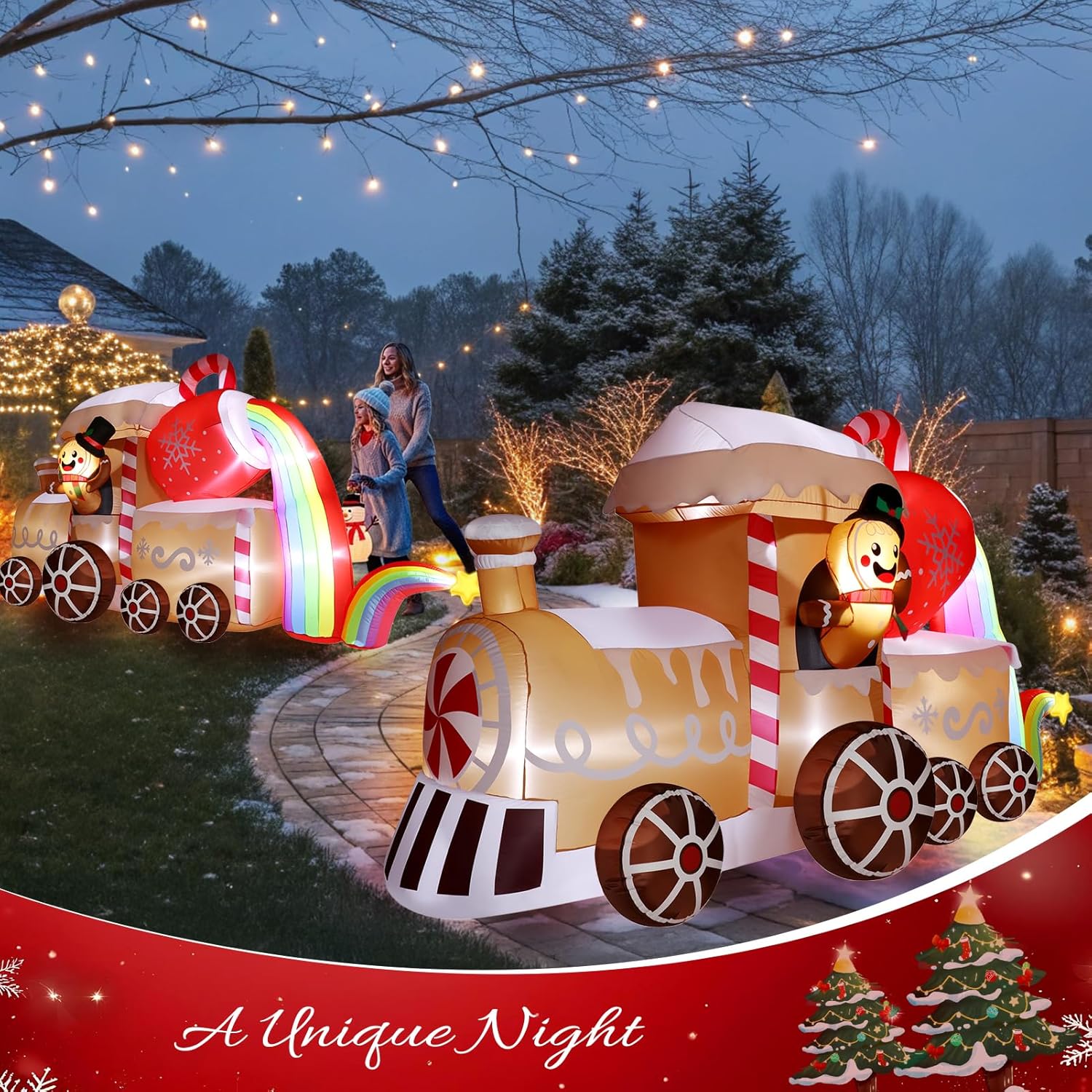 10 Ft Long Christmas Inflatables Train Decorations, Gingerbread Train Blow Up Outdoor Inflatable Decor With Built-In Led