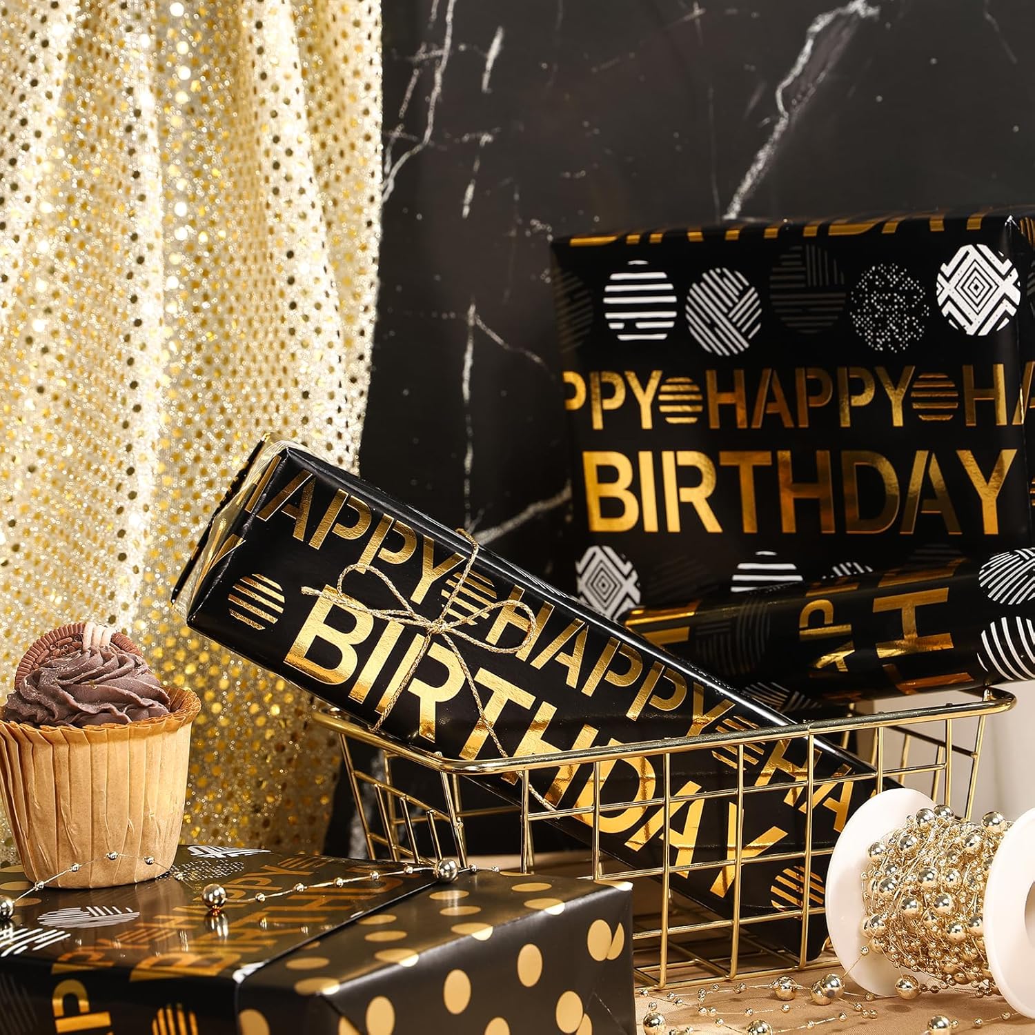 Reversible Birthday Wrapping Paper Roll - Mini Roll - 17 Inch X 16.5 Feet - Black Gold Happy Birthday Wrapping Paper Perfect For Adults Kids Girls Boys, Baby Shower
